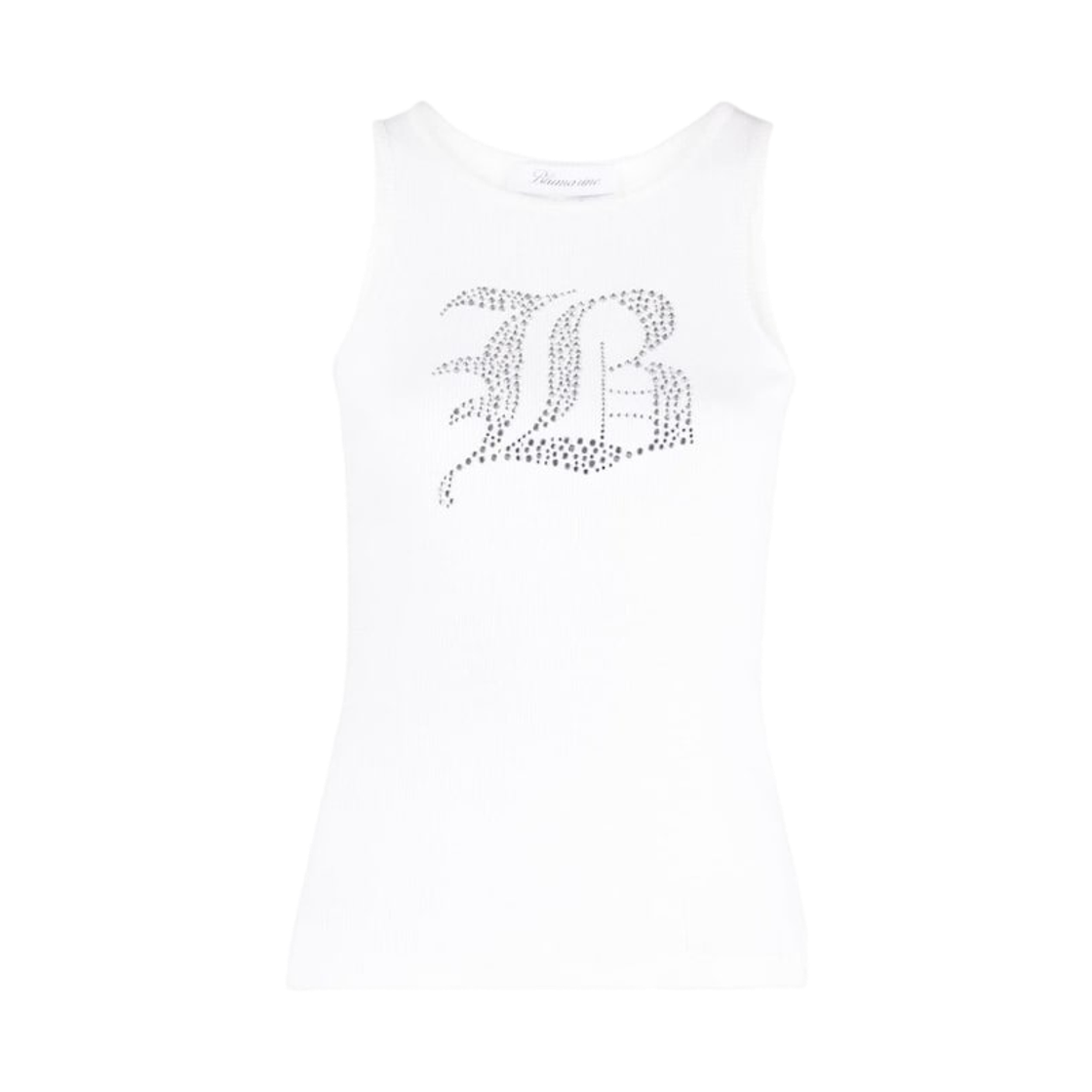 (W) 블루마린 로고 엠벨리시드 립드 니트 탱크탑 화이트((W) Blumarine Logo Embellished Ribbed Knit Tank Top White)
