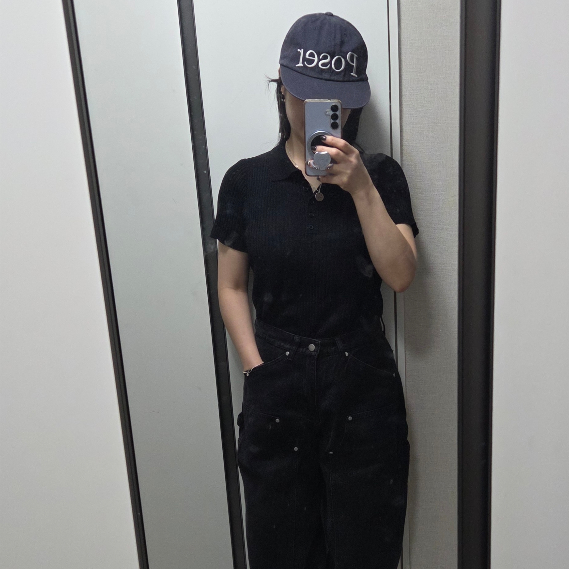 Suade Curved Double Knee Pants Black 착용 스타일 - 2