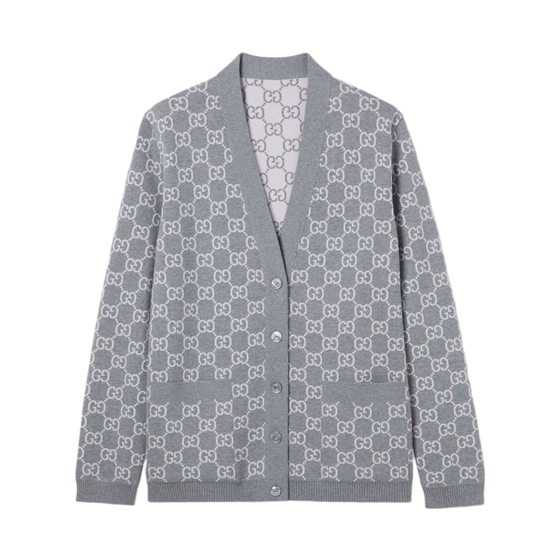 (W) 구찌 리버서블 GG 울 자카드 가디건 라이트 핑크 그레이((W) Gucci Reversible GG Wool Jacquard Cardigan Light Pink Grey)