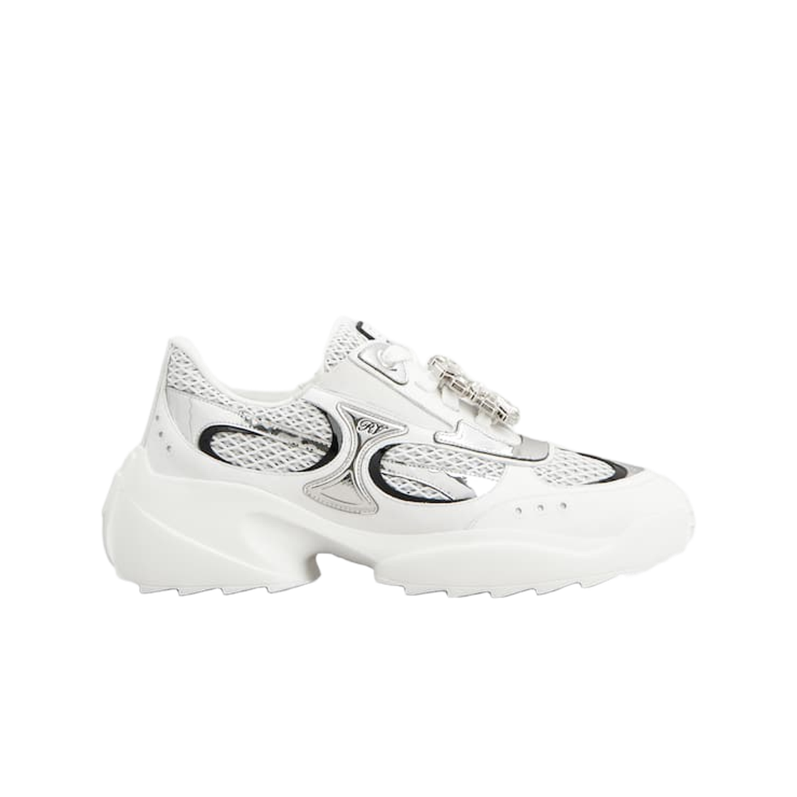(W) 로저 비비에 비브 온 더 런 스니커즈 화이트 실버((W) Roger Vivier Viv On The Run Sneakers White Silver)