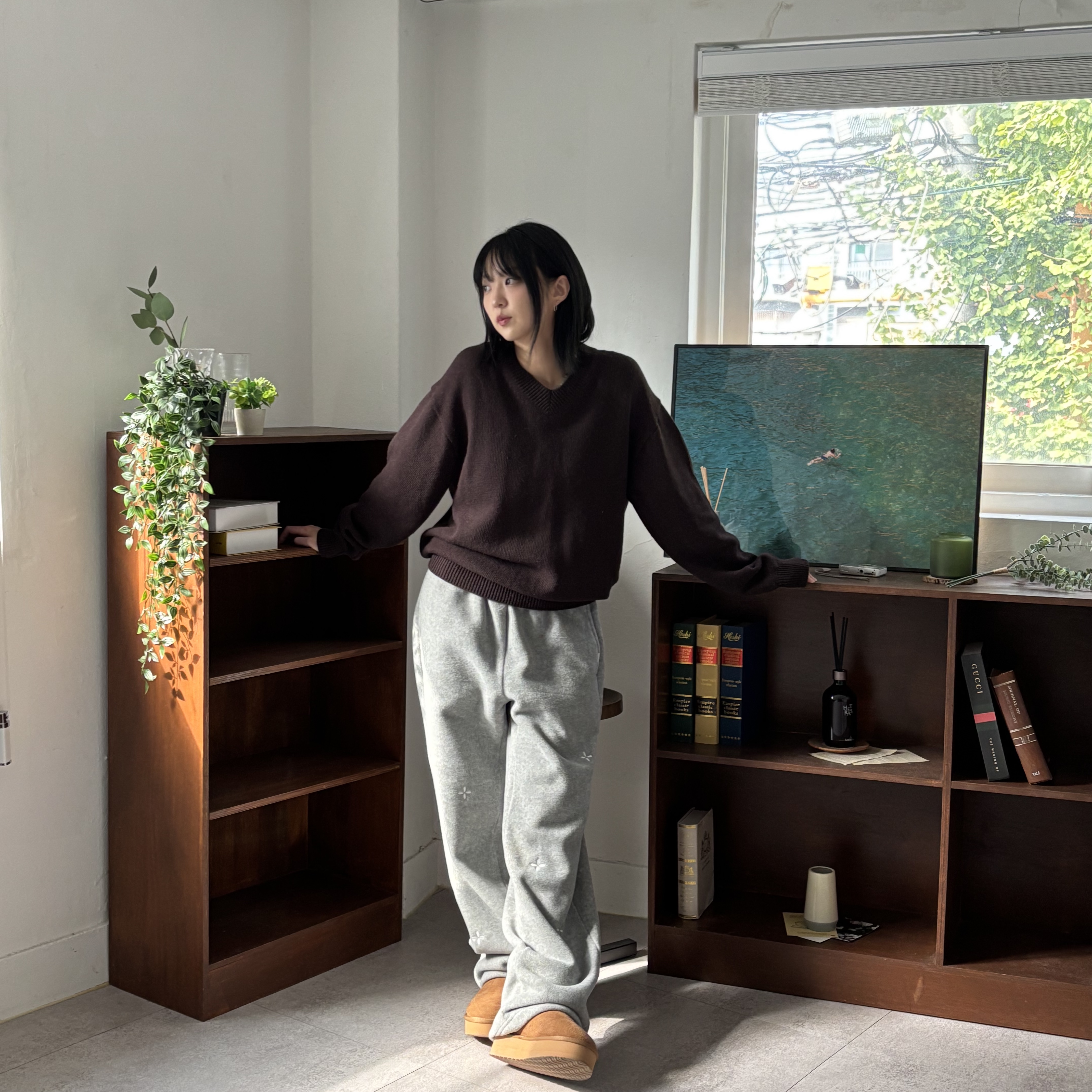 Riomeu Fleece Loose Pants Gray 착용 스타일 - 1