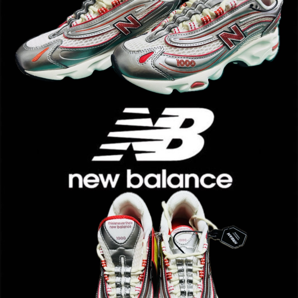 New Balance x Thisisneverthat M1000 Metallic Silver Red 착용 스타일
