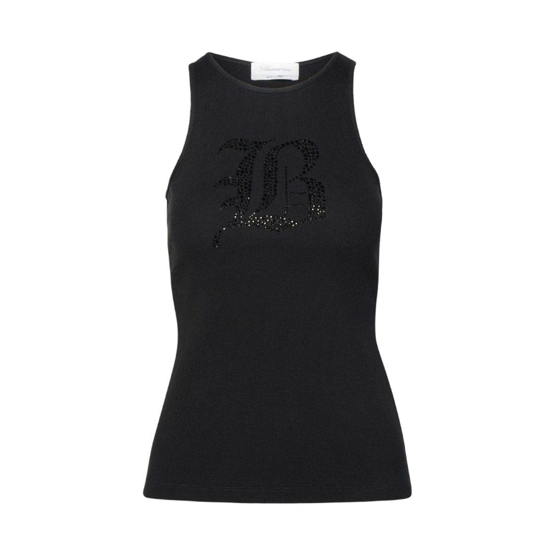 (W) 블루마린 로고 엠벨리시드 립드 니트 탱크탑 블랙((W) Blumarine Logo Embellished Ribbed Knit Tank Top Black)