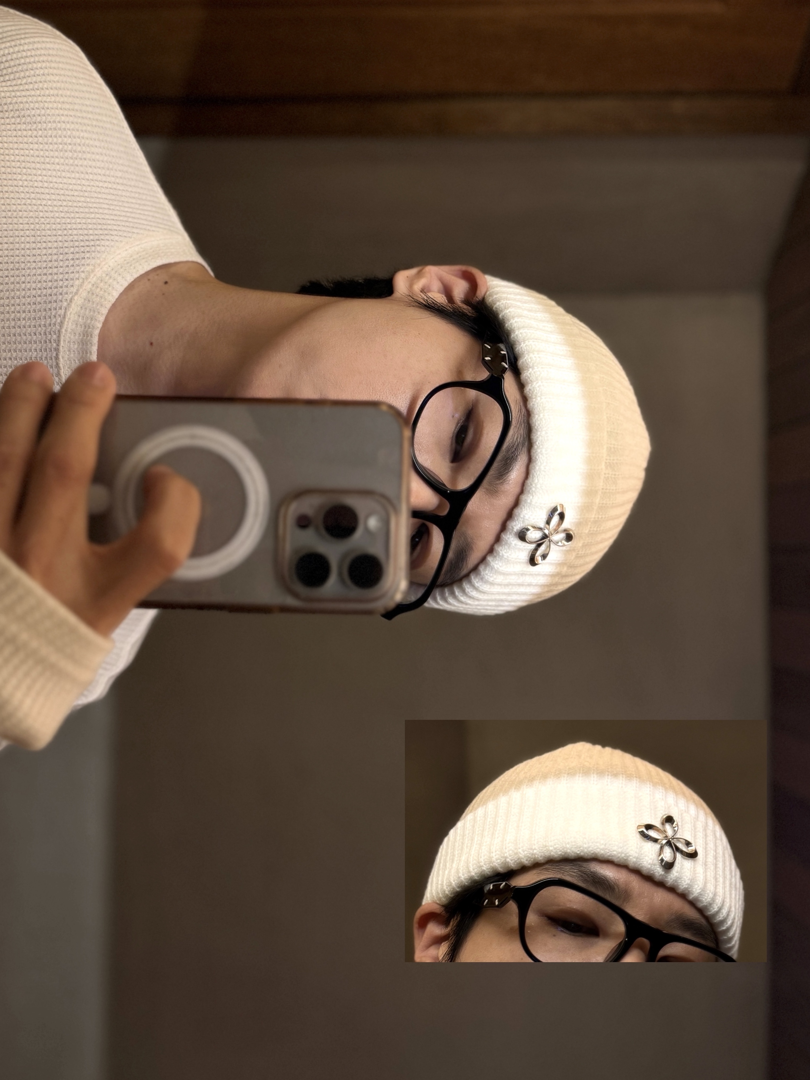 Gentle Monster x Maison Margiela MM113 Black Clear, Surgery Clover Logo Beanie Ver.2 White 착용 스타일 - 2