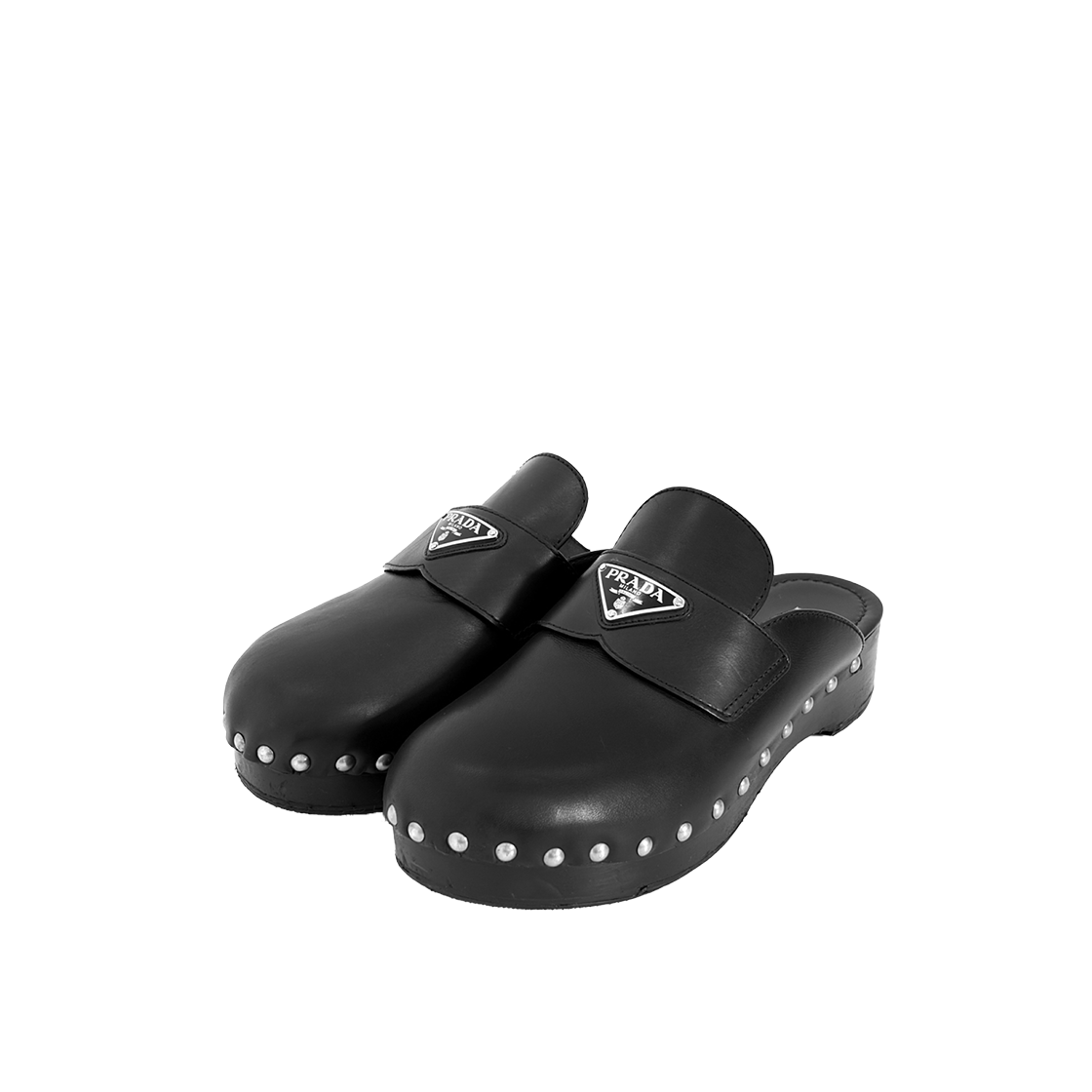 ITMR43GTUM6H Prada Triangle Logo Nappa Leather Studded Clog Mules - Black