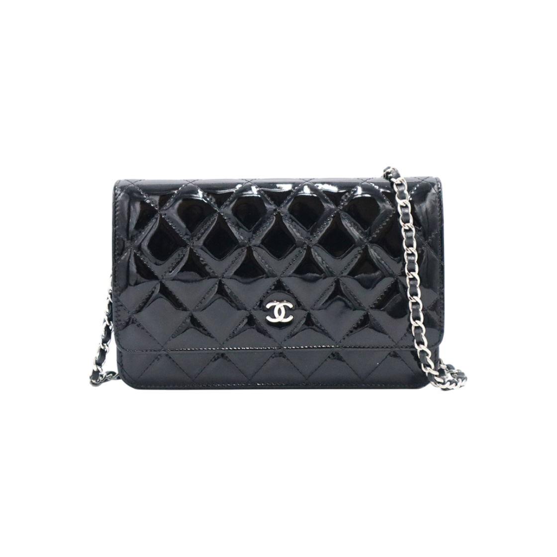 ITK36NEW64L6 Chanel A33814 Black Patent Classic Silver Chain WOC Crossbody Bag (20s Series)