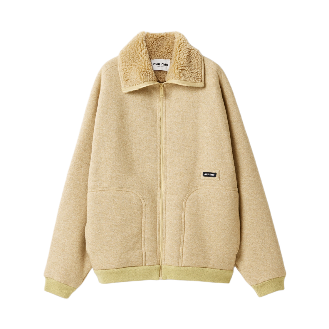 (W) 미우 미우 코튼 플리스 지퍼 블루종 자켓 소이 그린((W) Miu Miu Cotton Fleece Zipper Blouson Jacket Soy Green)