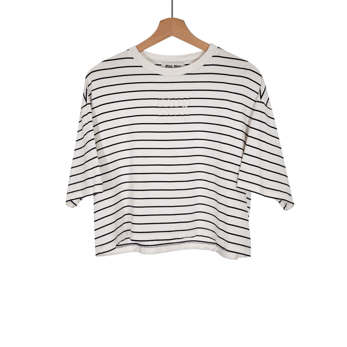 ITAT65FTM3QD Miu Miu Women's Embroidered Logo Stripe Crop Tee - Ivory