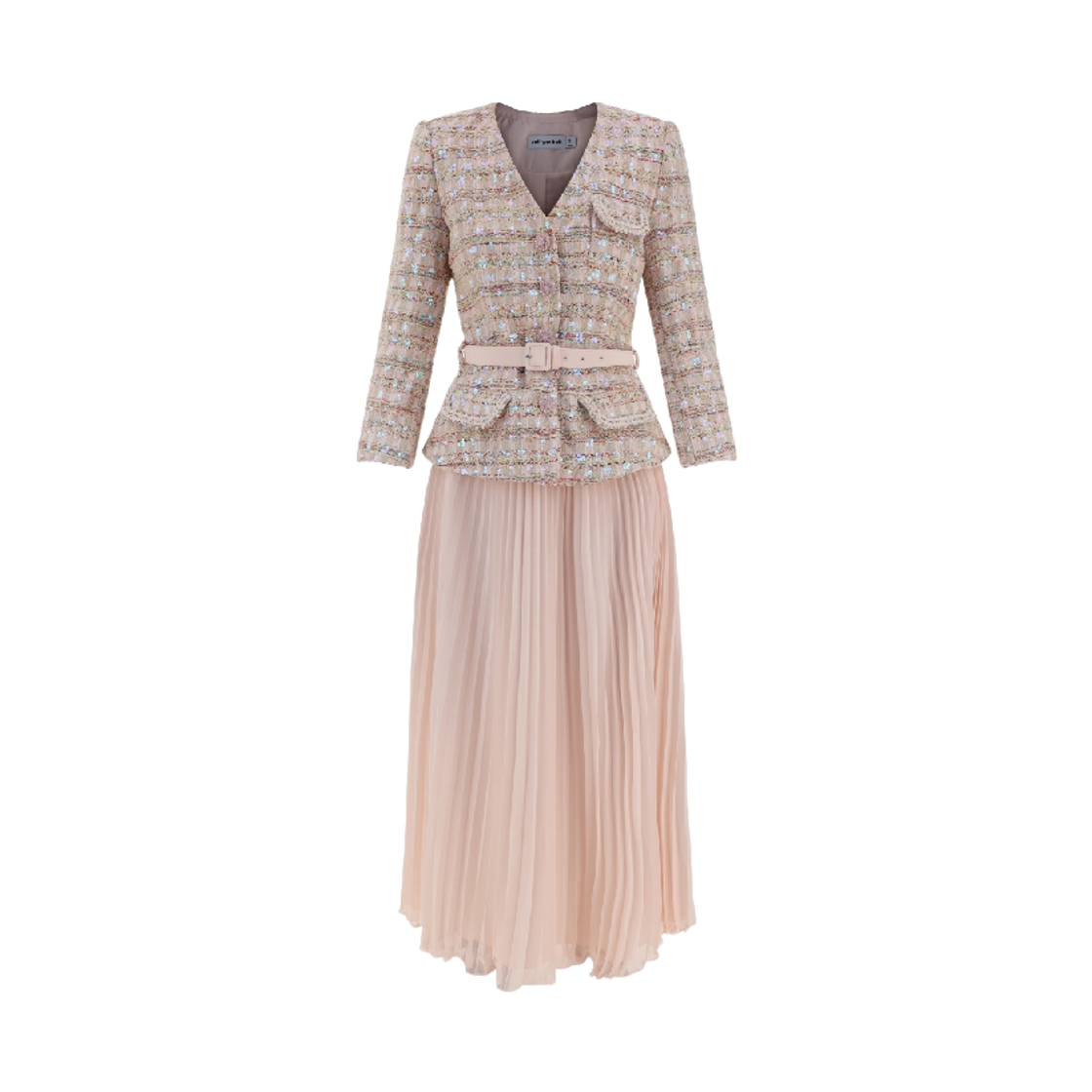 (W) 셀프 포트레이트 부클레 시퀸 미디 드레스 핑크((W) Self Portrait Boucle Sequin Midi Dress Pink)