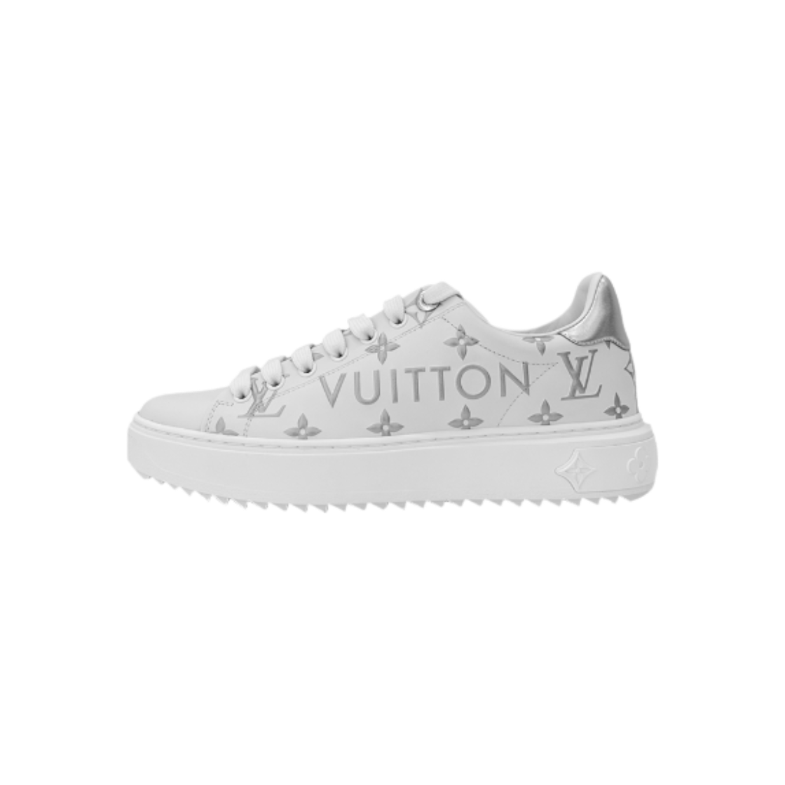 ITVVMFWK4LUS Louis Vuitton Women's Time Out Monogram Low-Top Sneakers in White/Silver