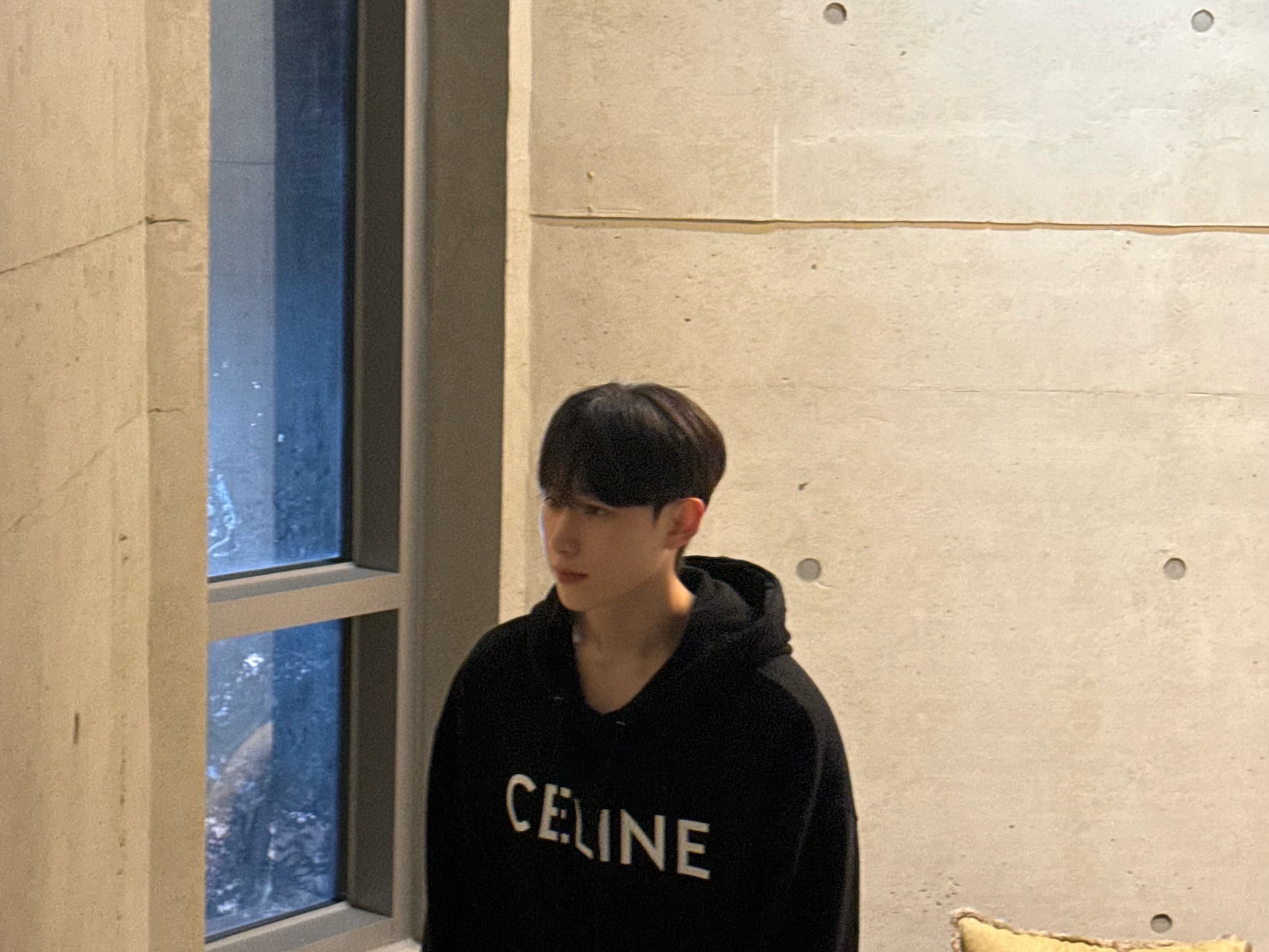 Celine Loose Hoodie in Cotton Fleece Black White 착용 스타일 - 2