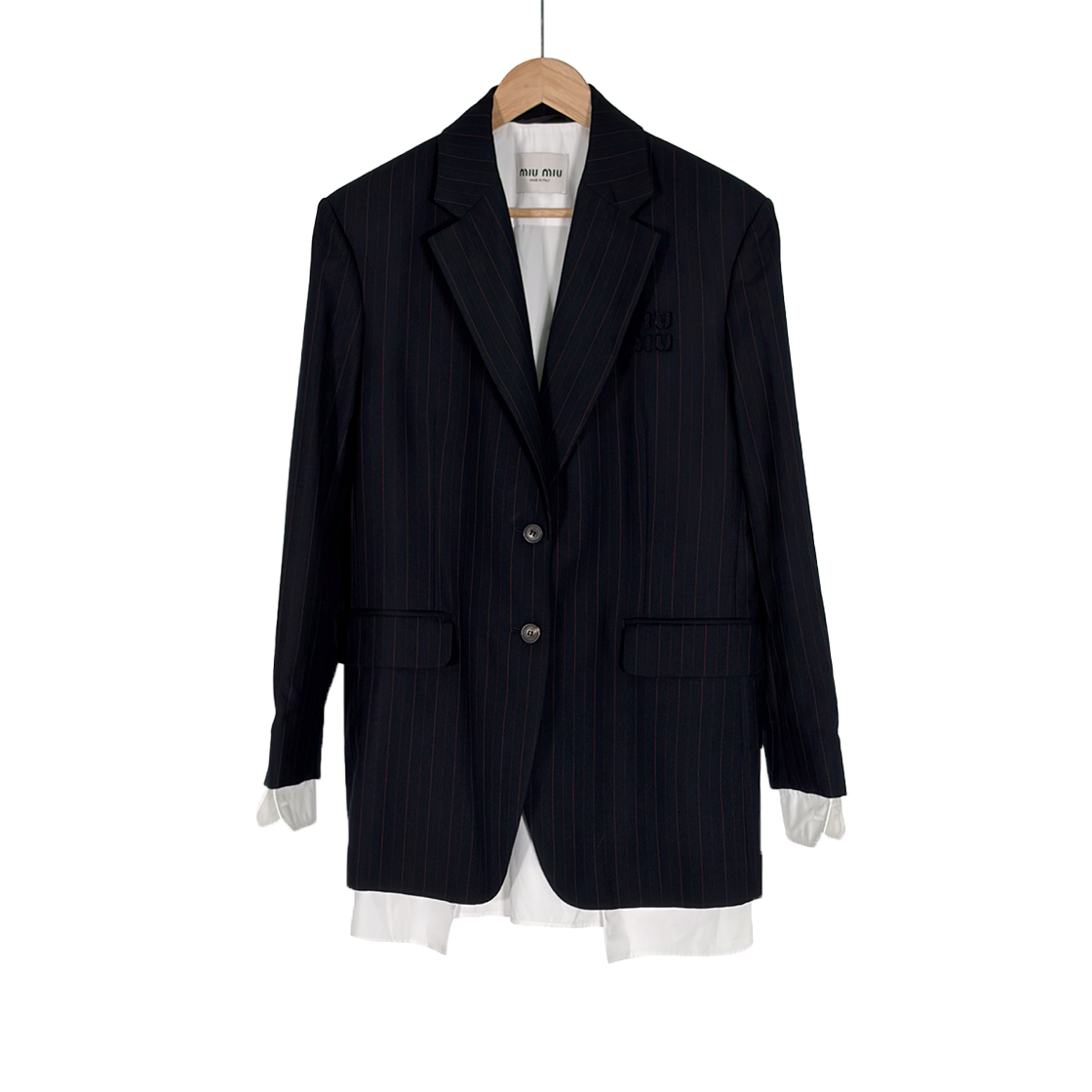 ITQOQ243964K Miu Miu Embroidered Logo Striped Layered Shirt Blazer