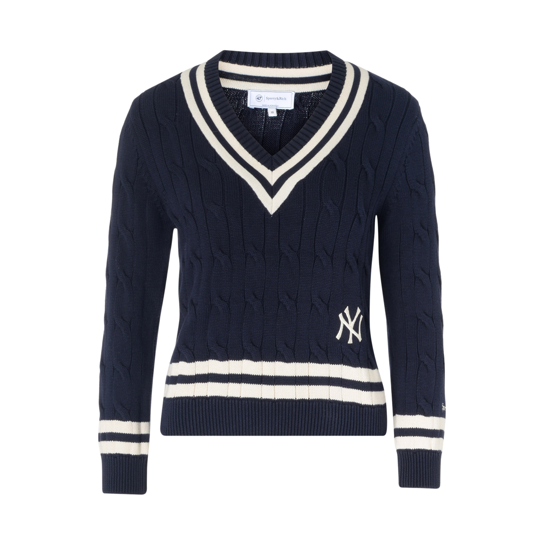 (W) 스포티 앤 리치 x 47 브랜드 뉴욕 양키스 세리프 케이블 니트 네이비 화이트((W) Sporty & Rich x 47 Brand New York Yankees Serif Cable Knit Navy White)