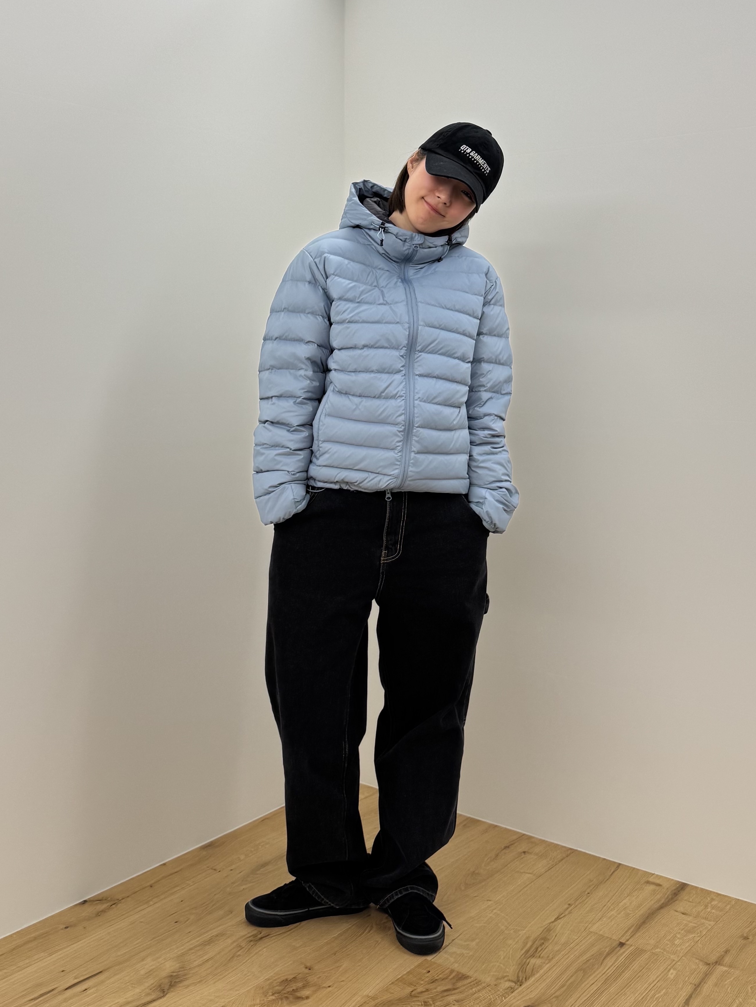 QT8 GARMENTS Duck Down Lightweight Jacket Sky Blue, QT8 Garments TL Denim Carpenter Pant Black 착용 스타일 - 2