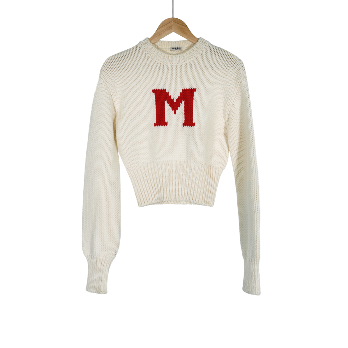 ITW9CLMWQ27P Miu Miu Women's Heavy Wool Cable M Logo Crewneck Sweater - White