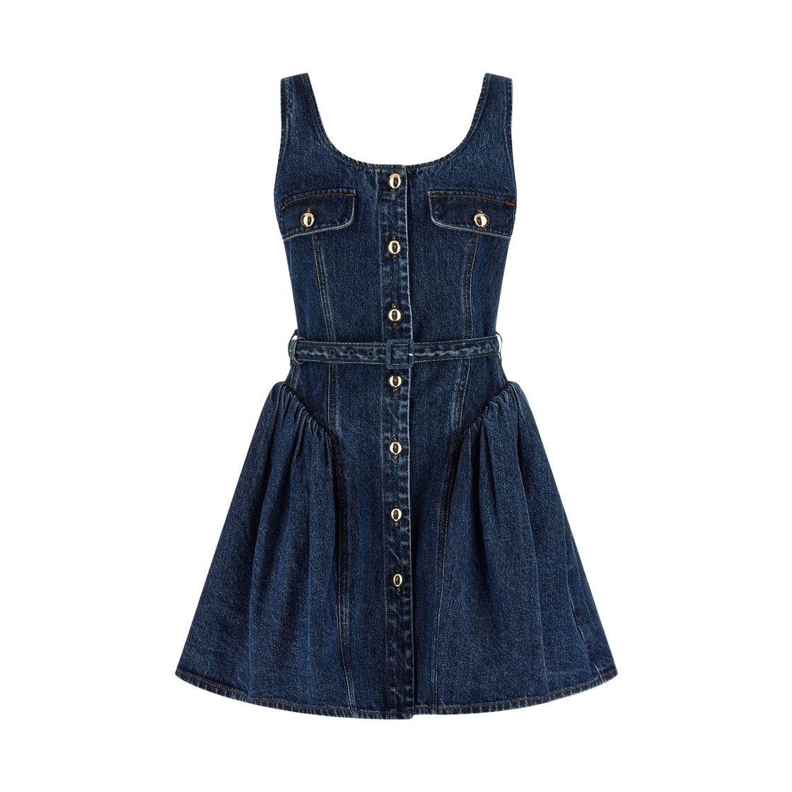 (W) 셀프 포트레이트 플레어 데님 미니 드레스 블루((W) Self Portrait Flared Denim Mini Dress Blue)