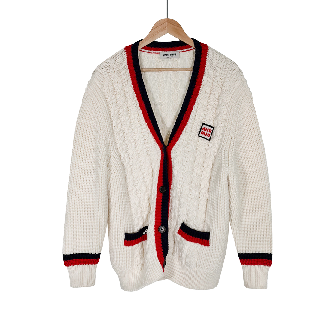 ITUGLI2VKPWO Miu Miu Women's Heavy Wool Cable Logo Patch Striped Knit Cardigan