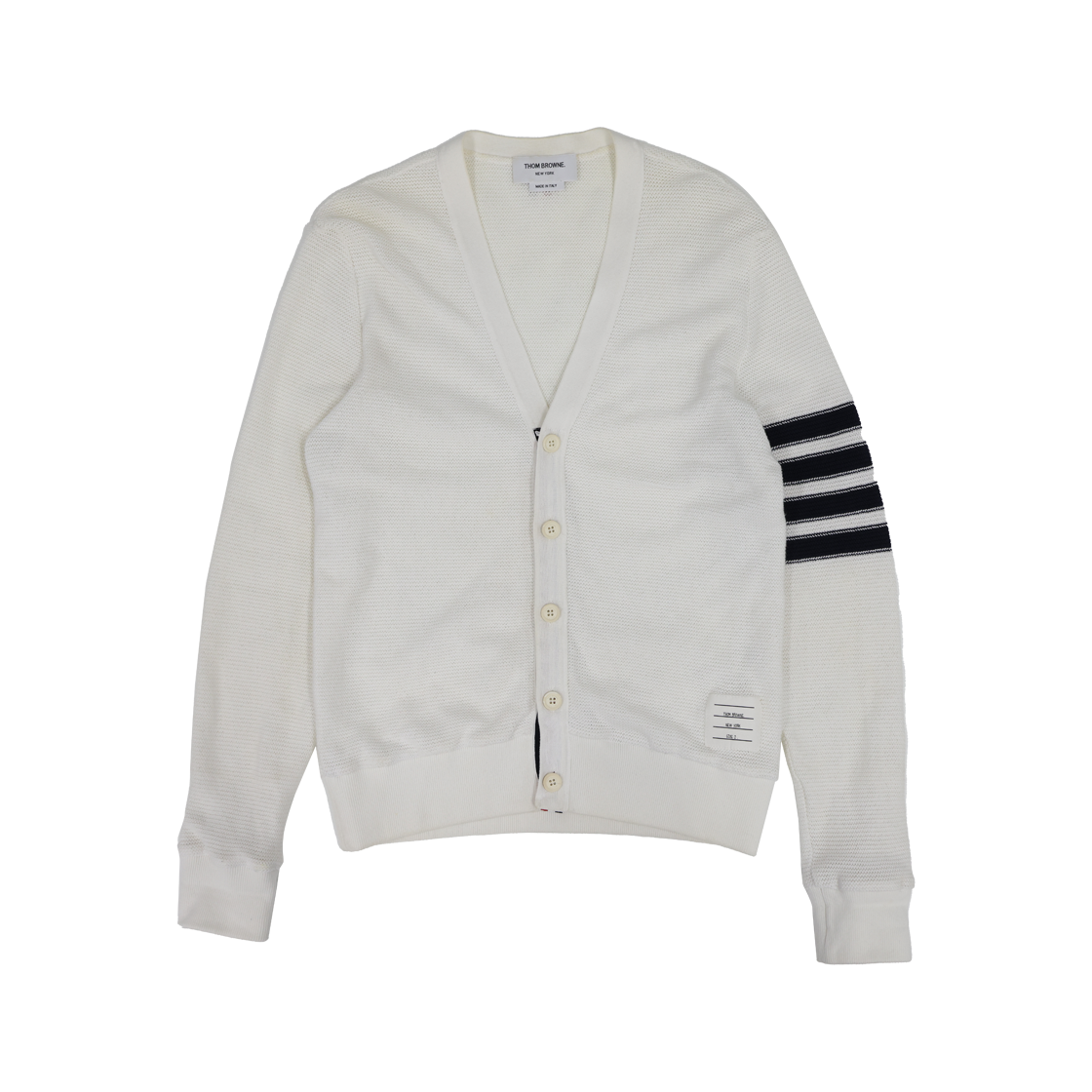 ITJDBH5CPWG7 Thom Browne Open Lace Stitch Diagonal Cardigan - White