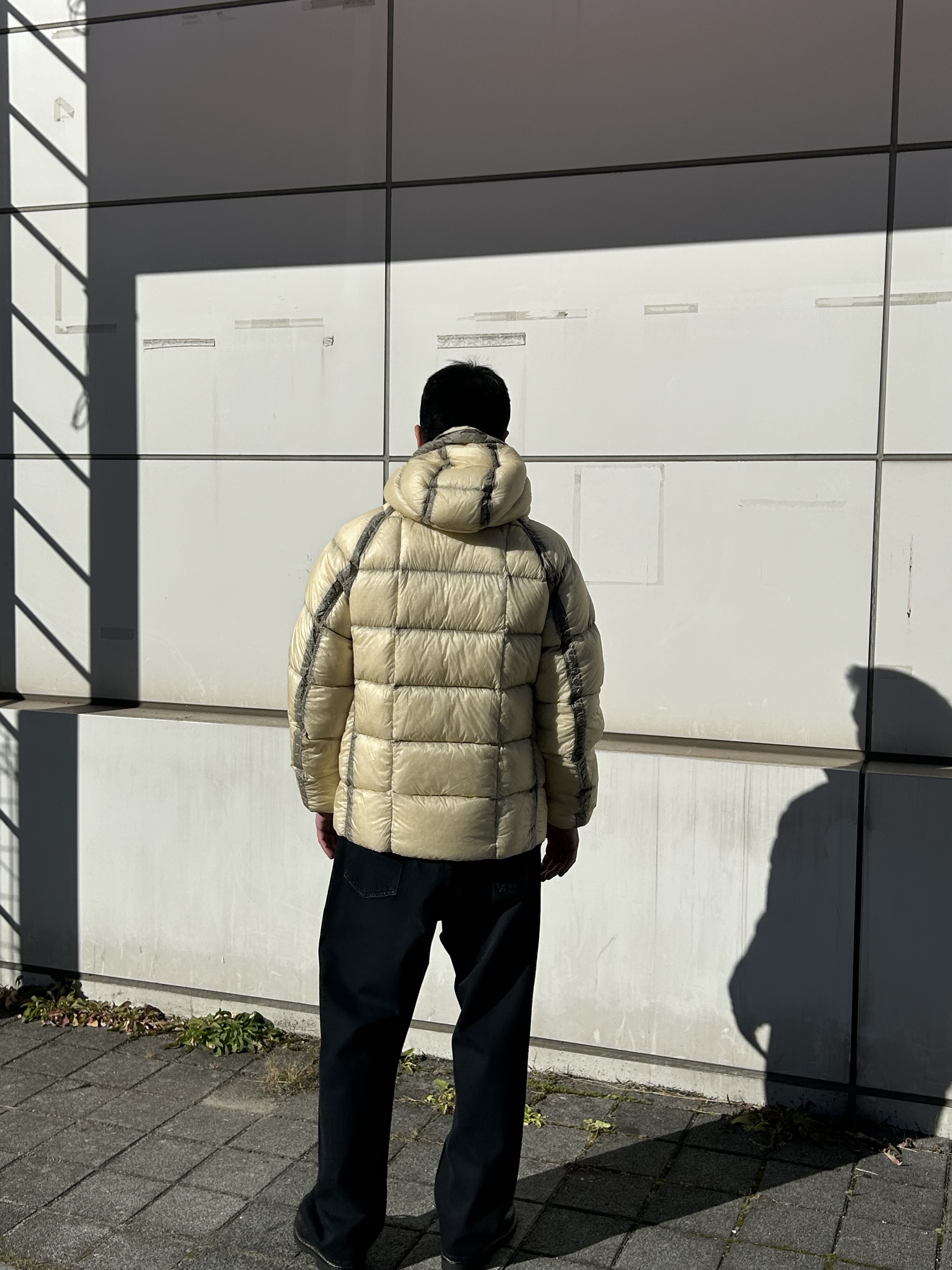 A.Presse No.22 Washed Wide Denim Pants Custom - 25FW, C.P. Company D.D. Shell Hooded Down Jacket Pistachio Shell Beige - 25FW 착용 스타일 - 2