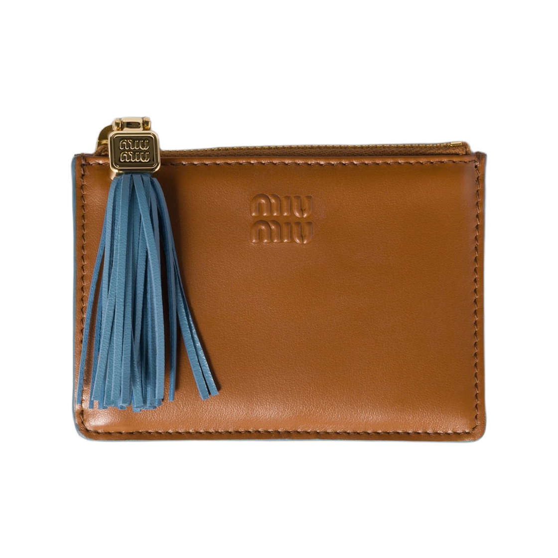 5MC093-2IDW-F0NP5 Miu Miu Leather Card Holder Cognac Astral Blue