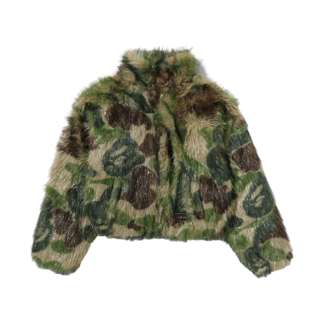 - (W) BAPE ABC Camo One Point Metallic Long Fur Jacquard Down Jacket Green