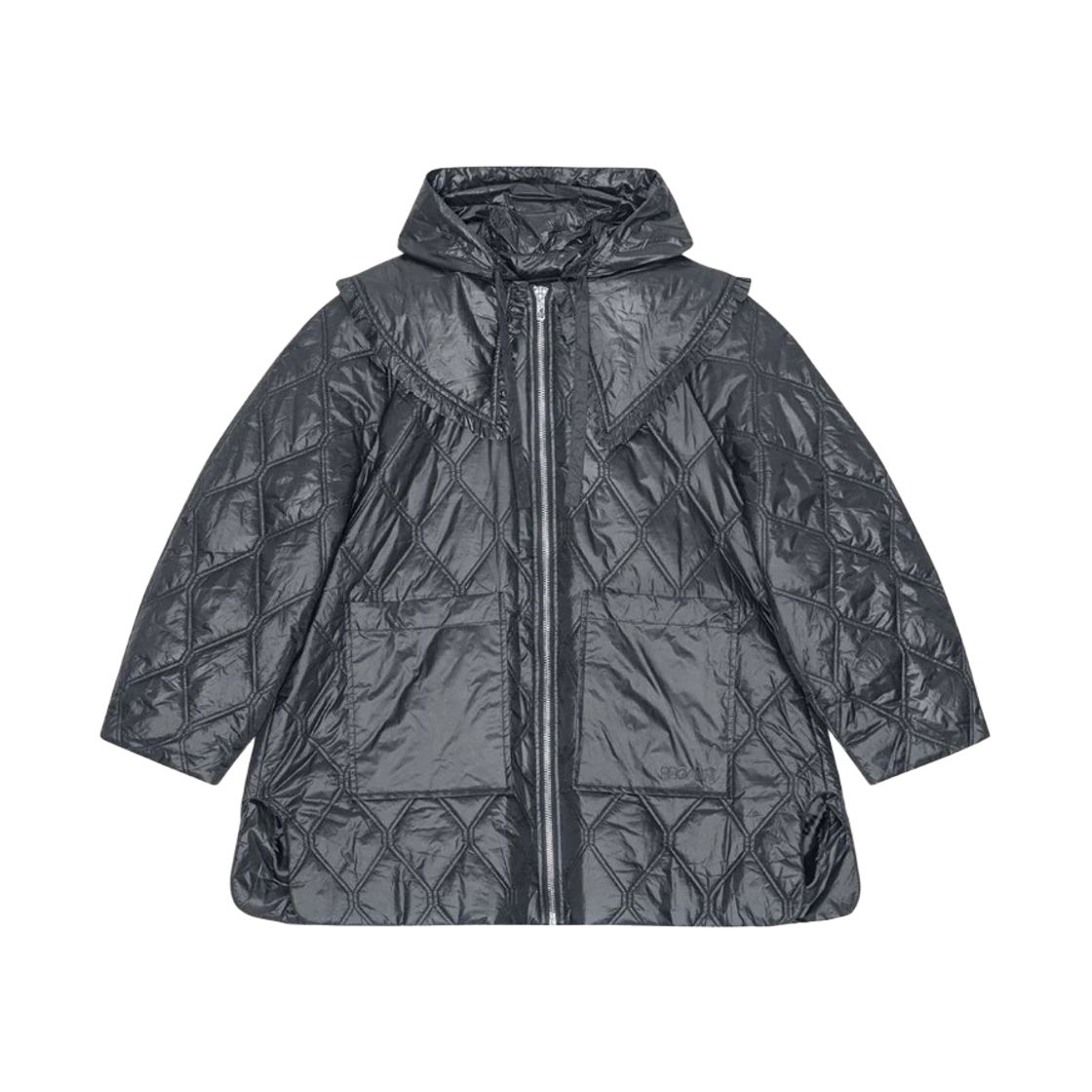 W0170-052 (W) Ganni Shiny Quilt Midi Jacket Black