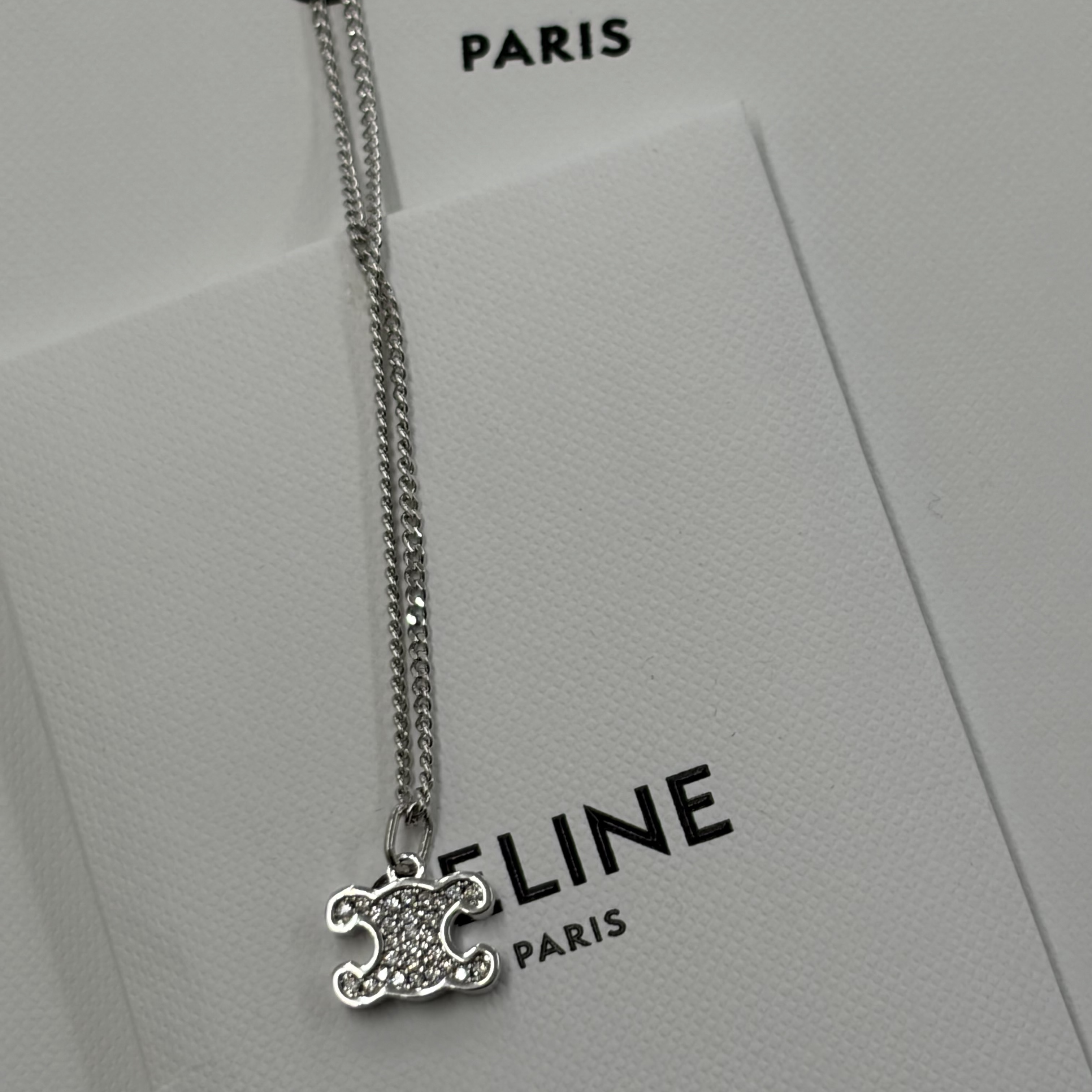 (W) Celine Triomphe Rhinestone Necklace in Brass with Rhodium Finish and Crystals Silver 착용 스타일