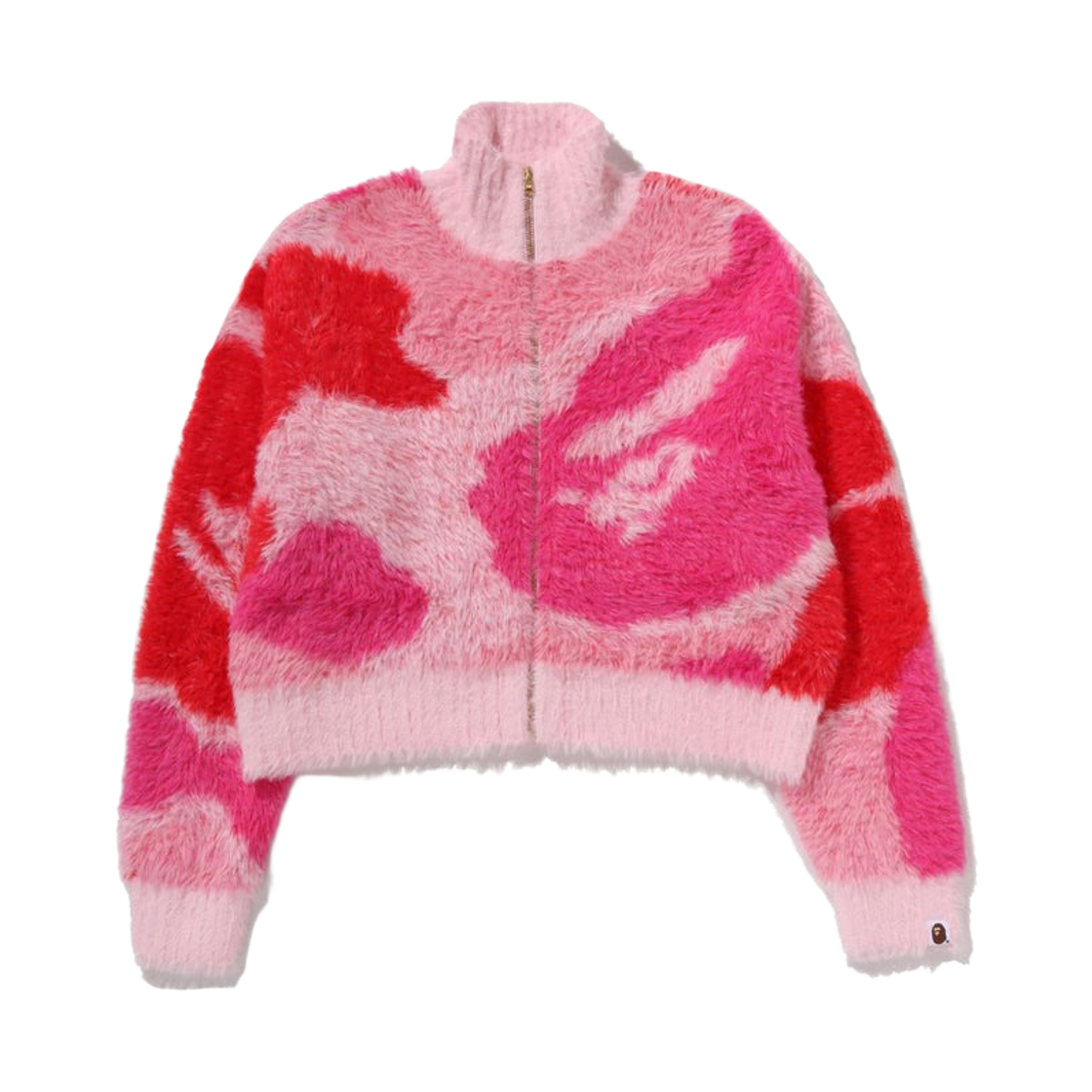 - (W) BAPE Mega ABC Camo Long Fur Mockneck Cropped Zip Cardigan Pink
