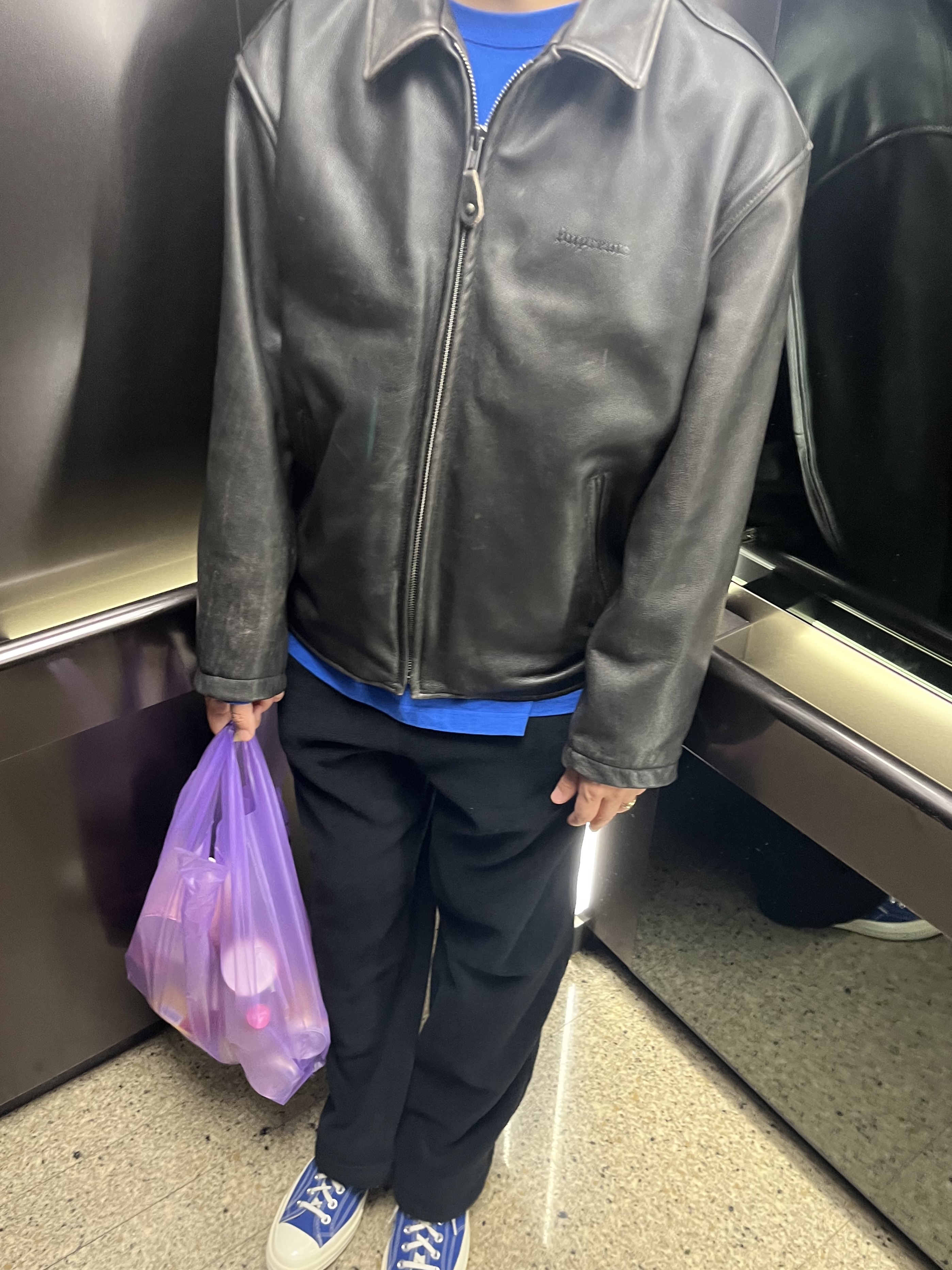 Supreme x Schott Leather Racer Jacket Black - 25FW, Uniqlo x Needles Fleece Wide Pants Black - KR 착용 스타일