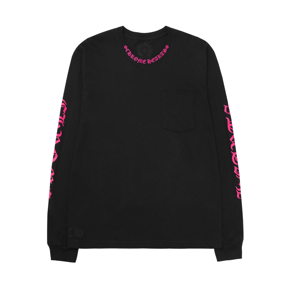 크롬하츠 핑크 넥 스크립트 로고 롱슬리브 포켓 크루 블랙(Chrome Hearts Pink Neck Script Logo Long Sleeve Pocket Crew Black)