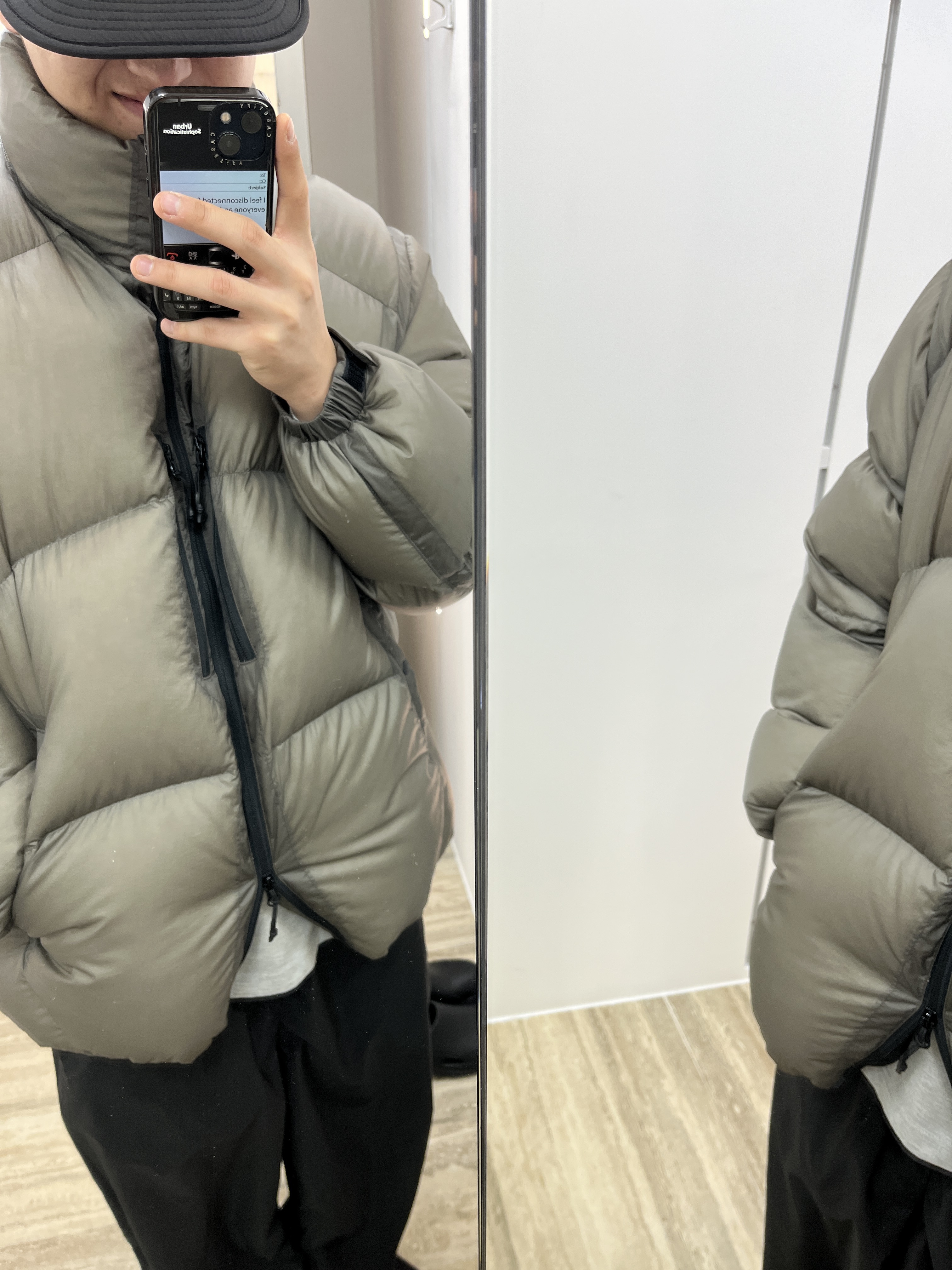 [FW25] moif Shadow Puffer Down Parka Sheer Olive, [SS25] moif Uniform Cap Black NC 착용 스타일 - 2