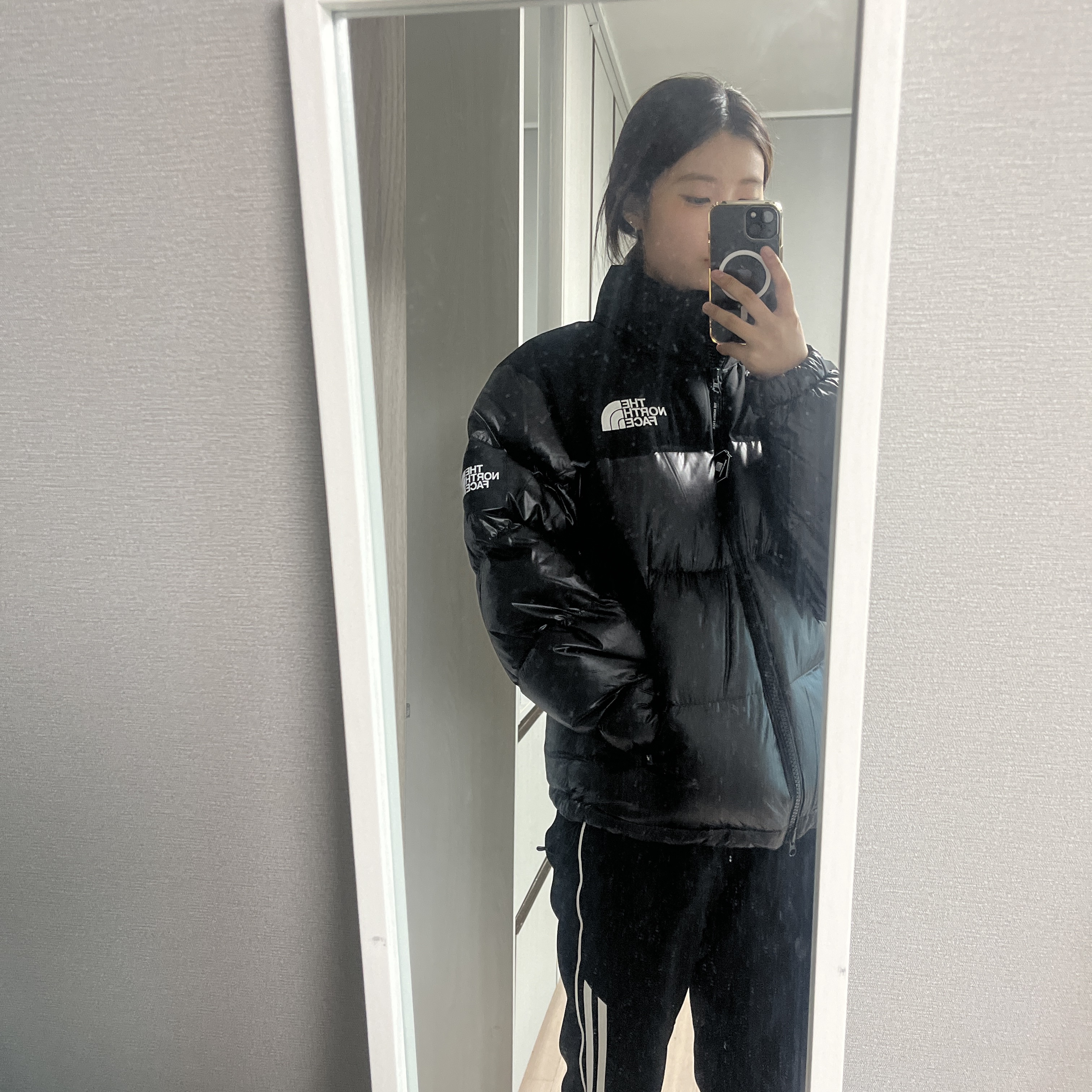The North Face White Label Novelty Nuptse RDS Down Jacket Black 착용 스타일