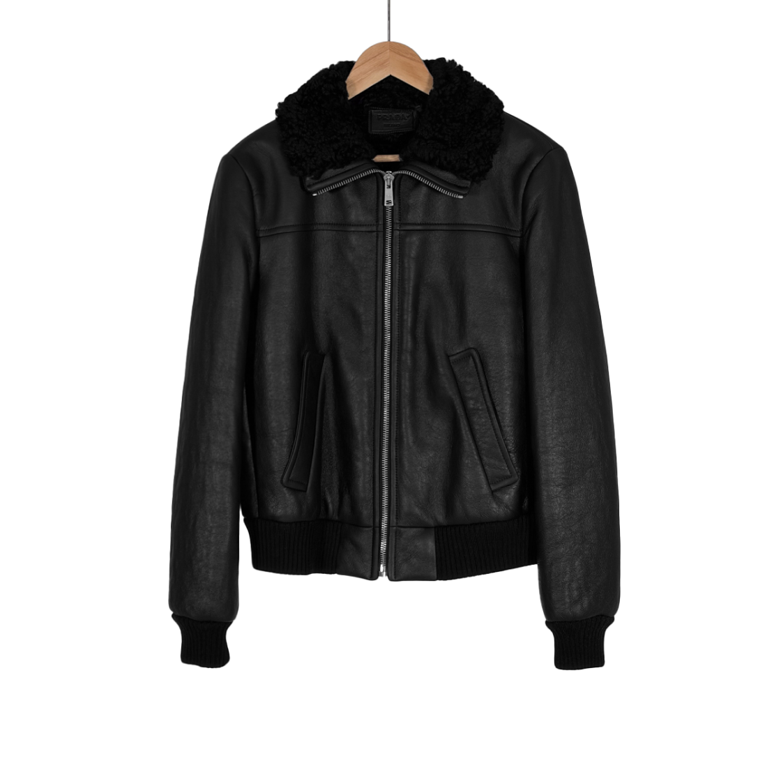 ITLKQ5OA4WPQ Prada Men's Triangle Logo Shearling Trim Leather Bomber Jacket Black