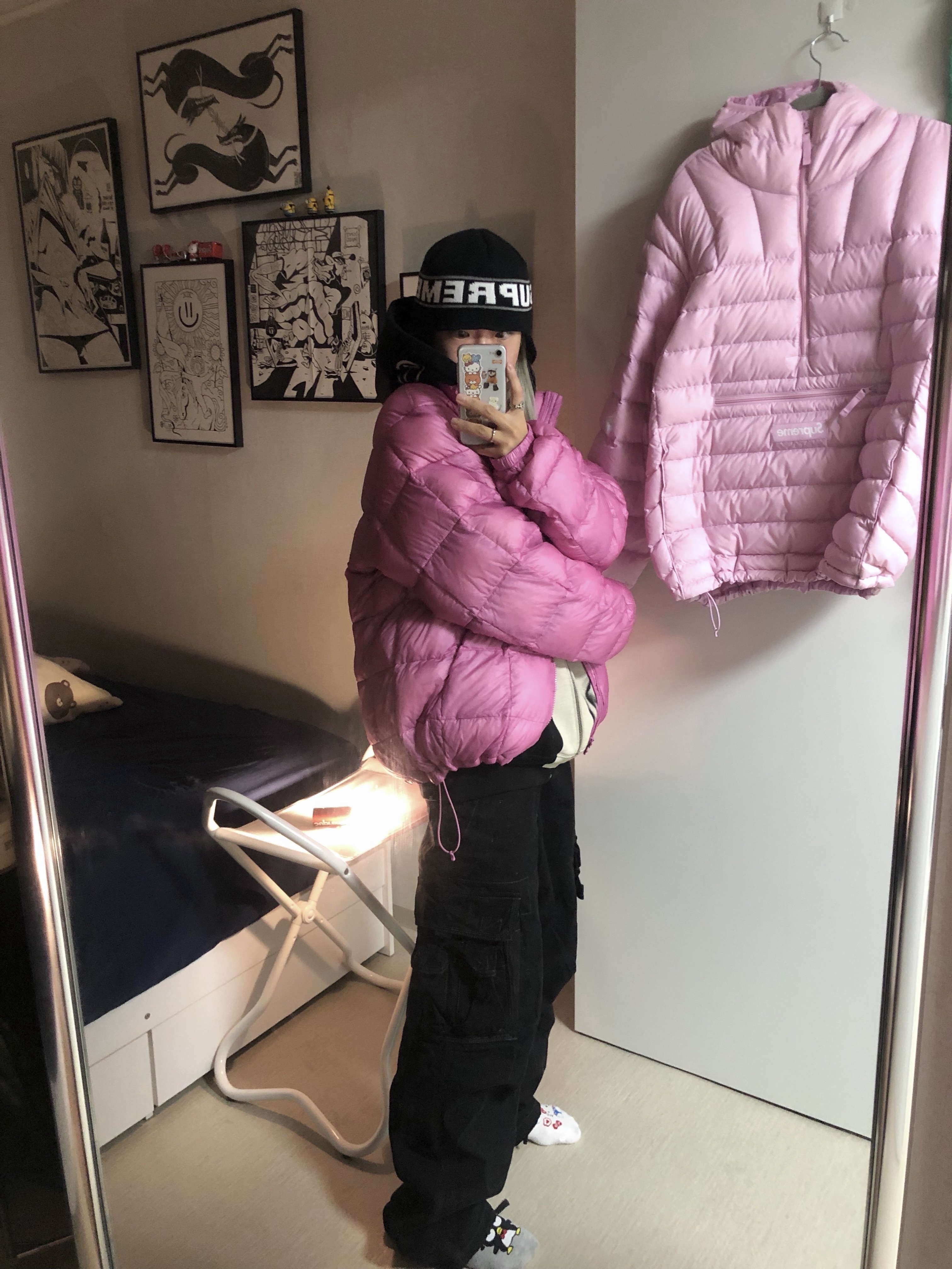 Stussy Midweight Puffer Pink, Supreme Micro Down Half Zip Hooded Pullover Light Pink - 25FW 착용 스타일 - 1