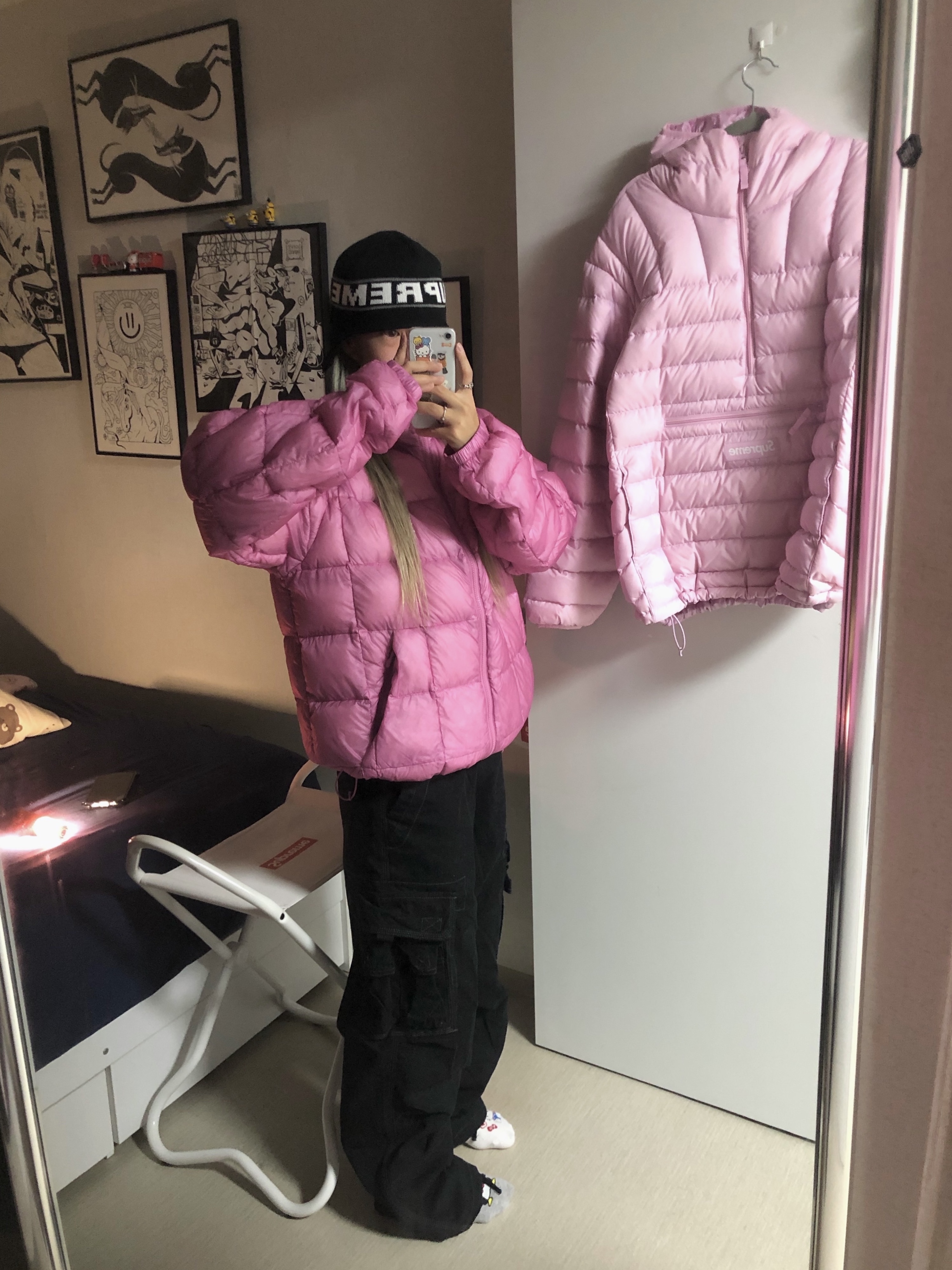 Stussy Midweight Puffer Pink, Supreme Micro Down Half Zip Hooded Pullover Light Pink - 25FW 착용 스타일 - 3