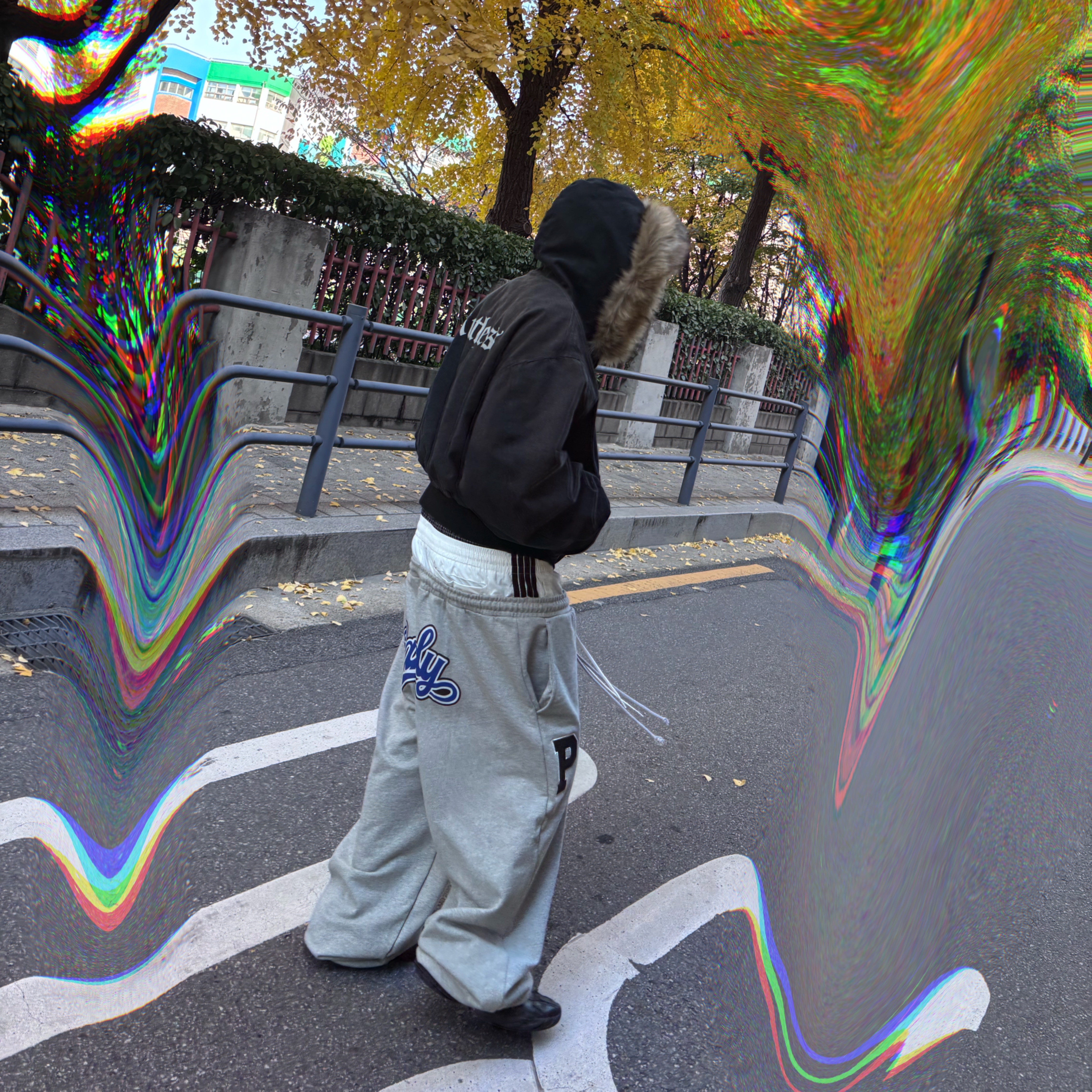 Protocol Index Detachable Fur Hooded Work Jacket Black, Protocol Index x Vandy The Pink 3 Layered Sweatpants Melange Grey 착용 스타일 - 2