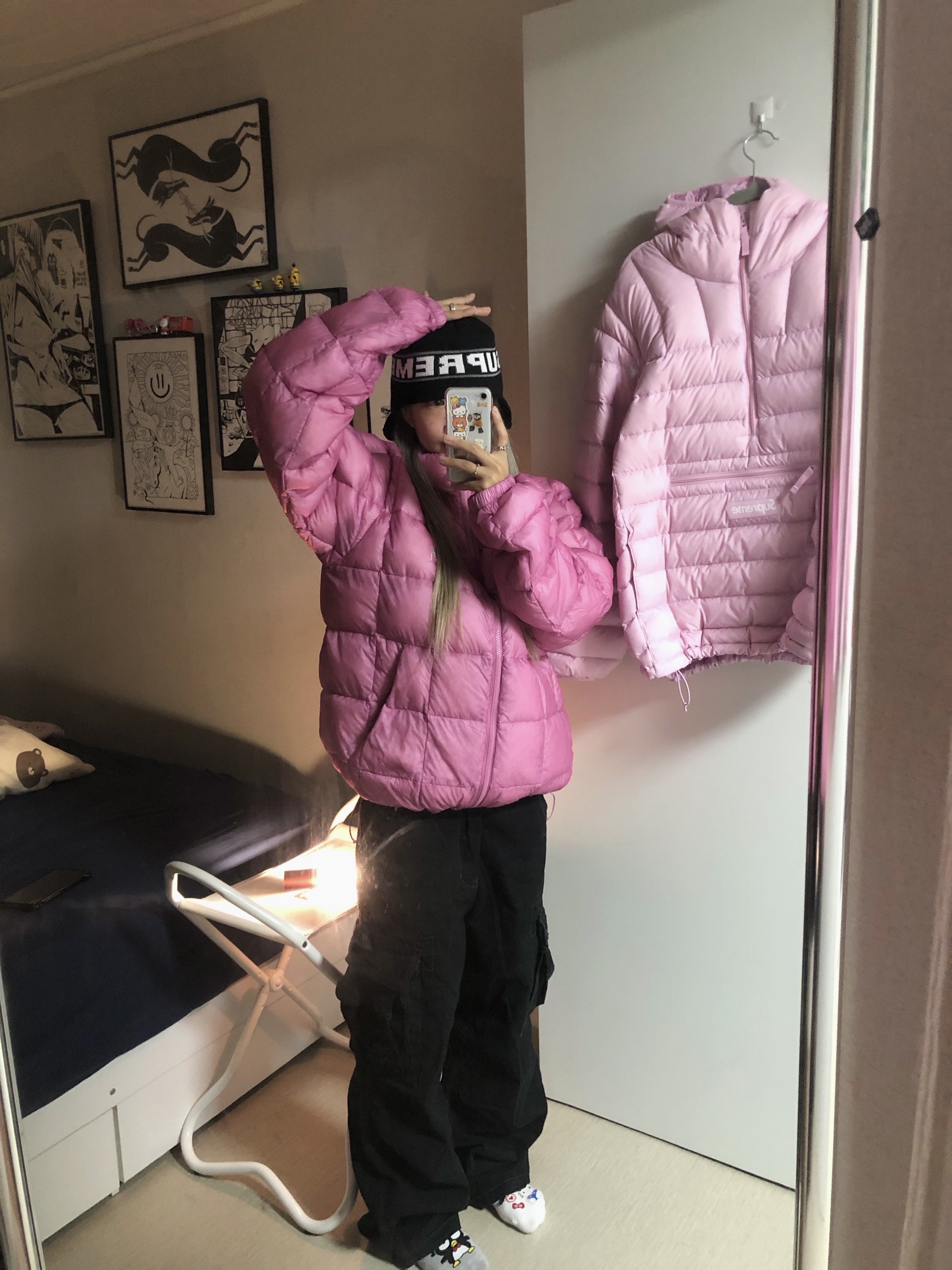 Stussy Midweight Puffer Pink, Supreme Micro Down Half Zip Hooded Pullover Light Pink - 25FW 착용 스타일 - 2