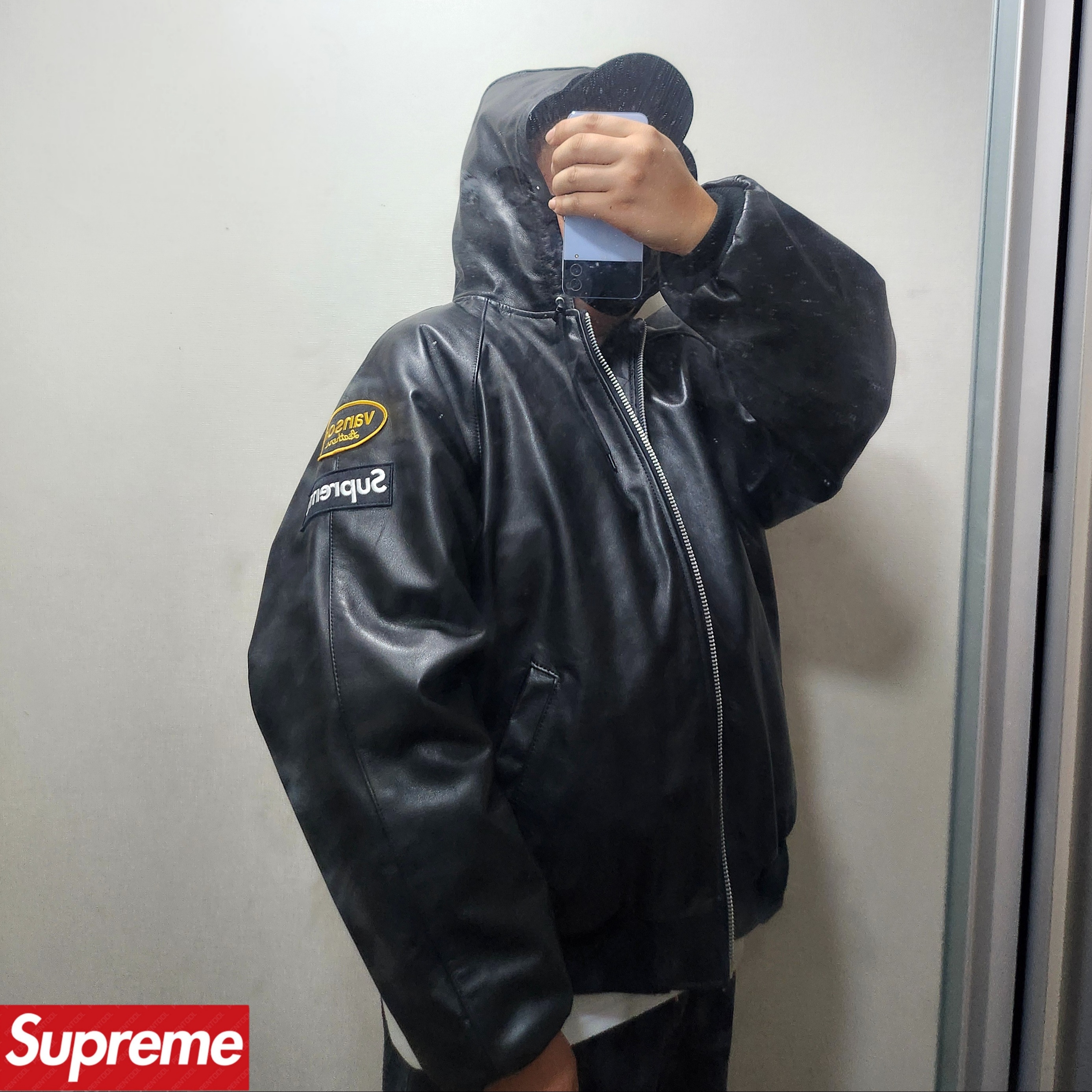 Supreme x Vanson Leathers Hooded Work Jacket Black - 24FW 착용 스타일 - 2