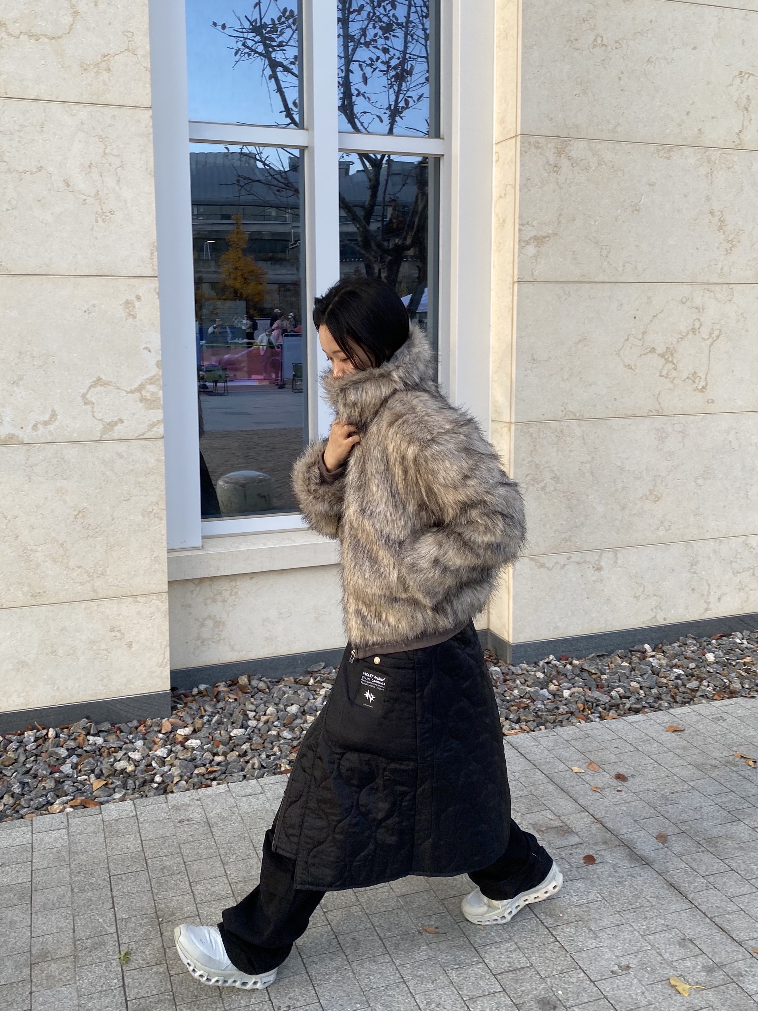 On Running x Post Archive Faction (Paf) Cloudmonster Hyper White, Vacant Archive Kavi Layered Quilted Skirt Belt Black 착용 스타일