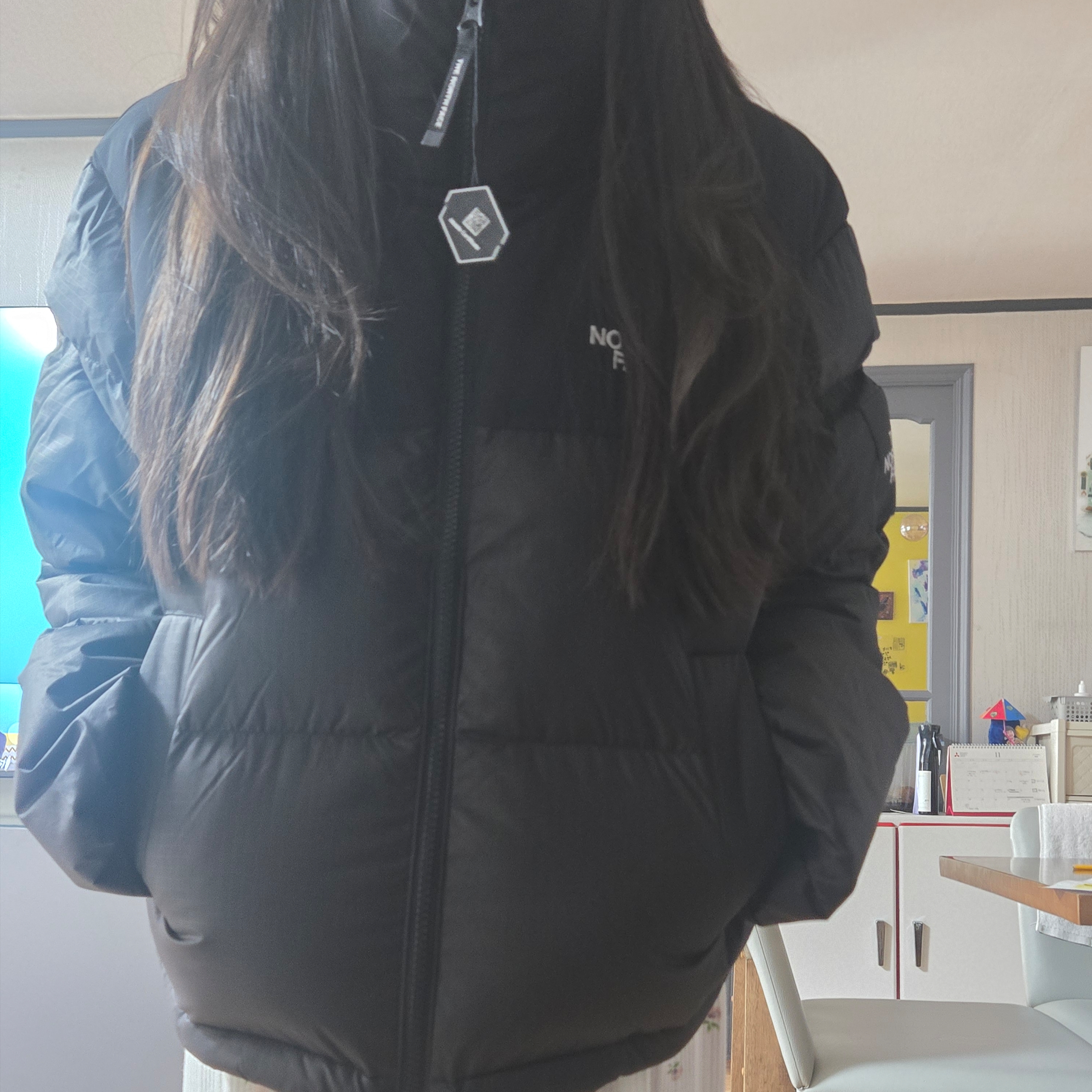 (W) The North Face White Label Novelty Nuptse Down Jacket Real Black 착용 스타일