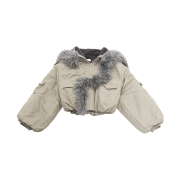 WET TAG Hooded Shearling Bomber Jacket Beige