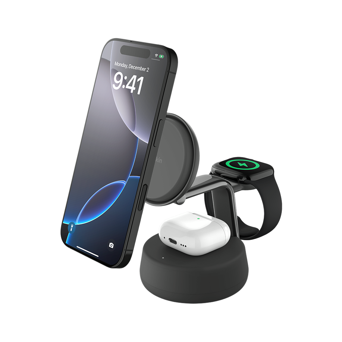 WIZ040krCH Belkin 3-in-1 Qi2 25W Magnetic Wireless Charger WIZ040kr Charcoal