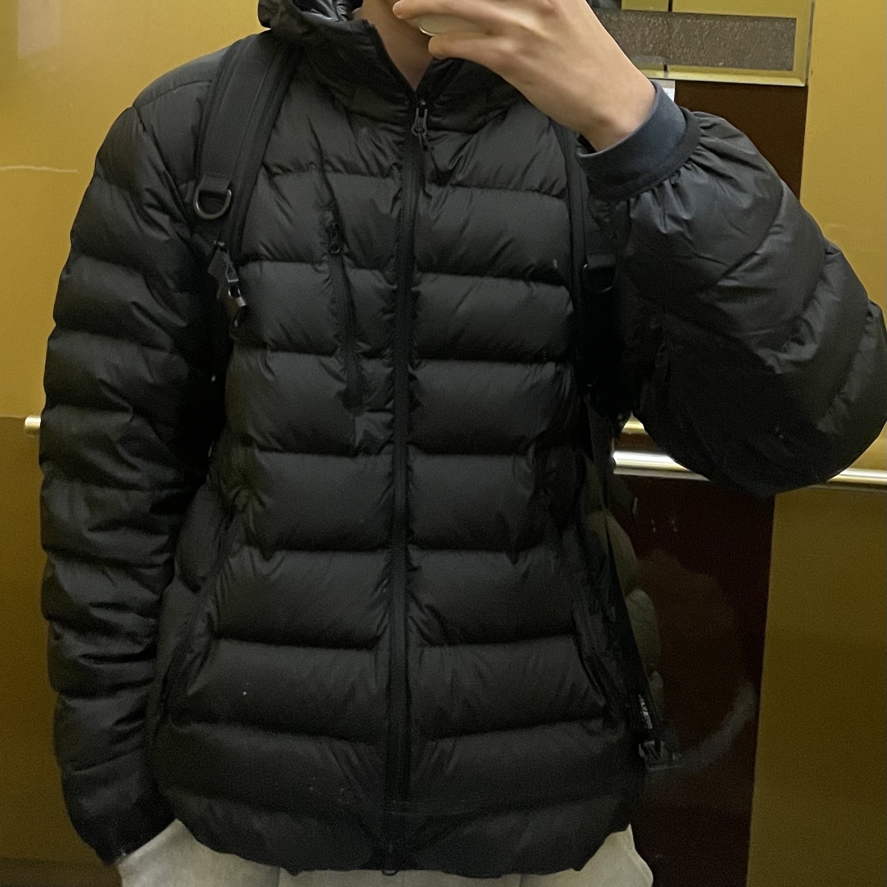 Musinsa Standard City Leisure Hooded Light Down Jacket Black 착용 스타일