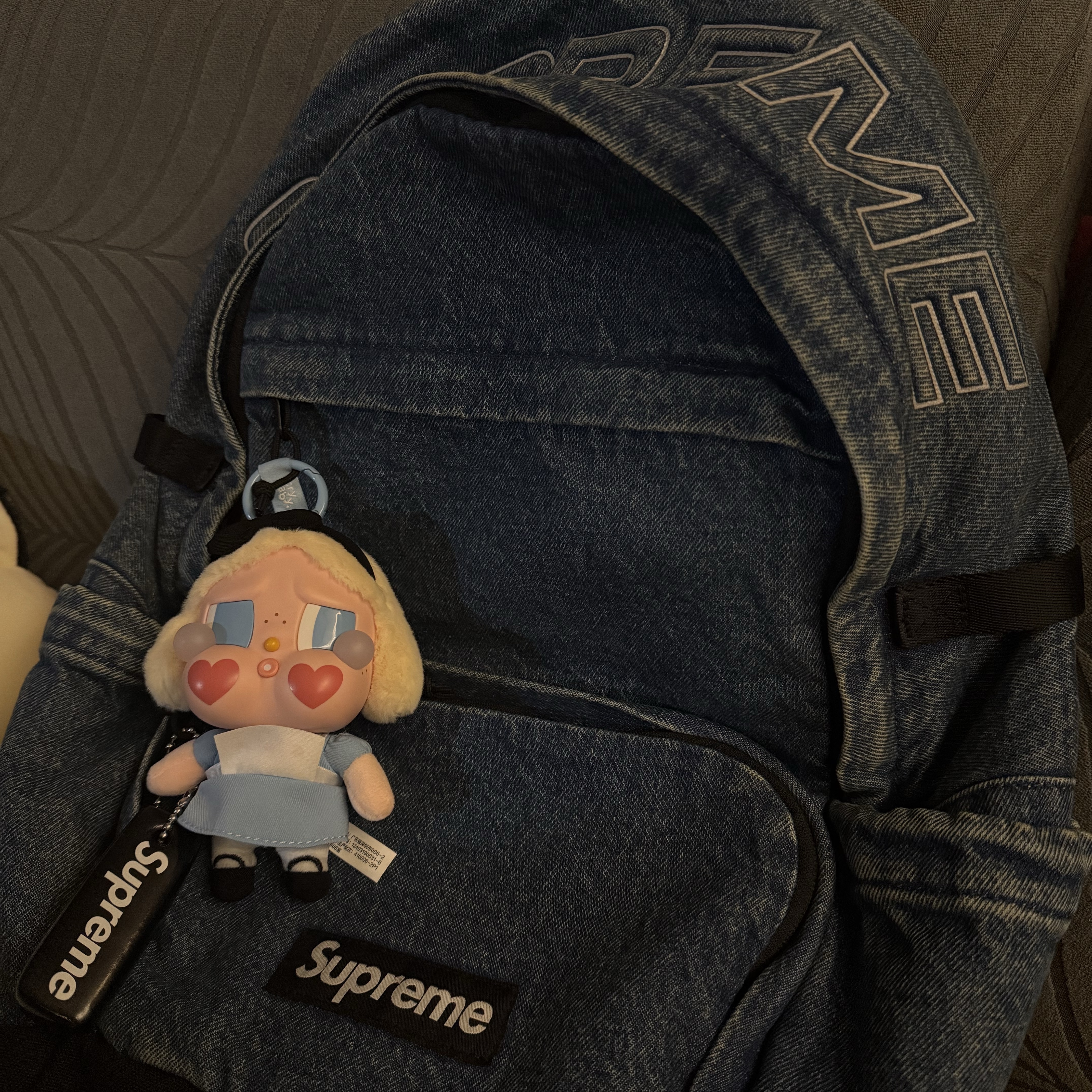 Pop Mart Crybaby Crying Again Series Plush Keyring She's Alice (Opened Case), Supreme Denim Backpack Washed Indigo - 25FW 착용 스타일
