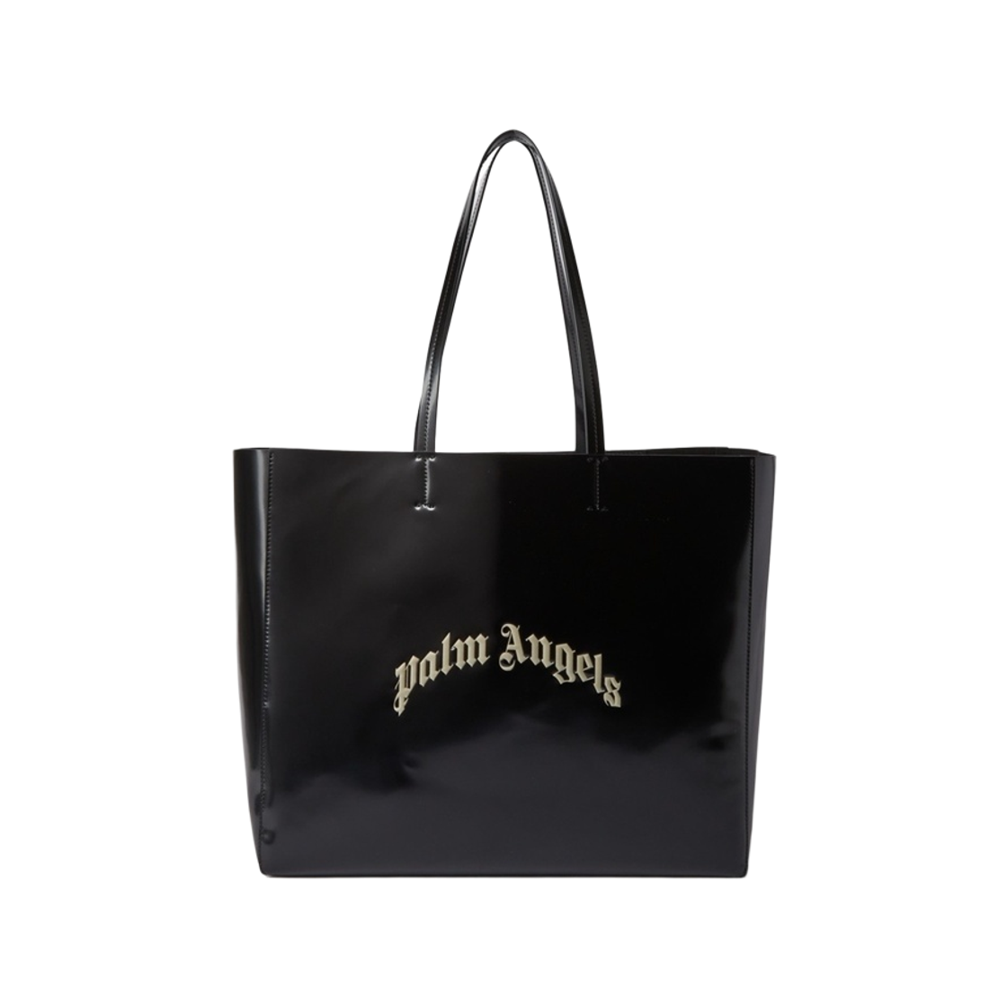 P9G7MMC99 Palm Angels Shiny Curved Logo Shopping Bag Black
