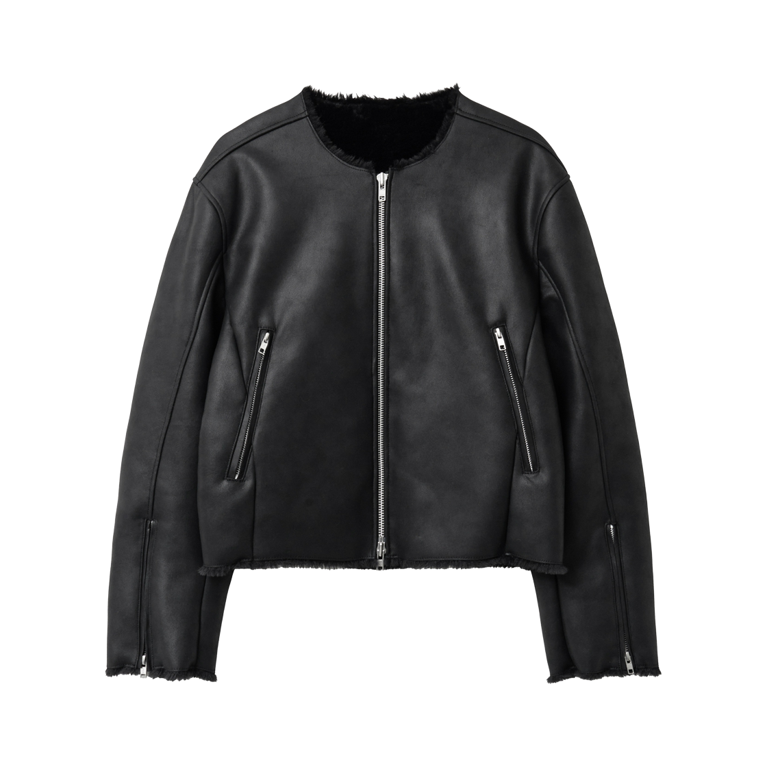 알렌느 포우 시어링 카라리스 크롭 자켓 블랙(Haleine Faux Shearling Collarless Cropped Jacket Black (WJ433))