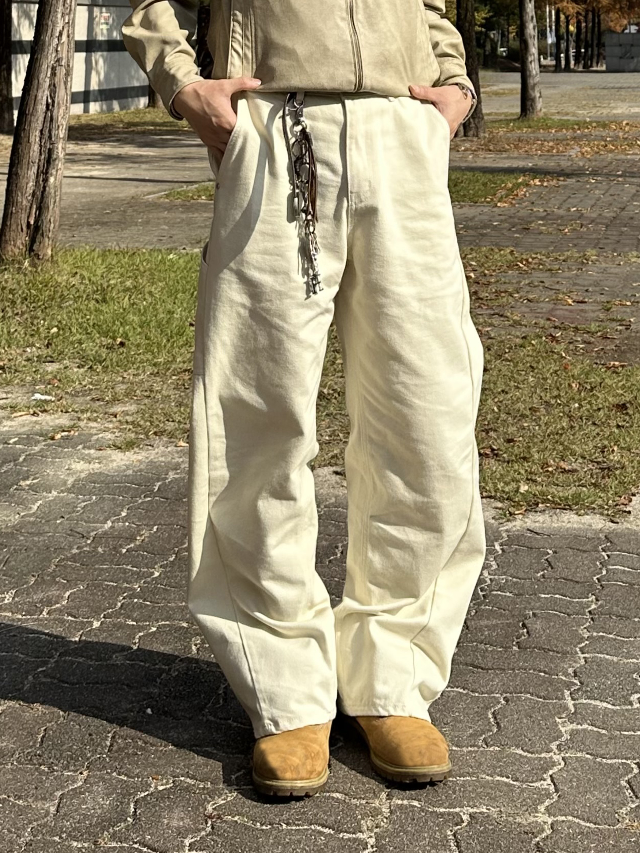 Knitted Curved Wide Denim Pants Cream, Timberland Premium 6 inch Waterproof Boot Wheat Nubuck - Wide 착용 스타일 - 2