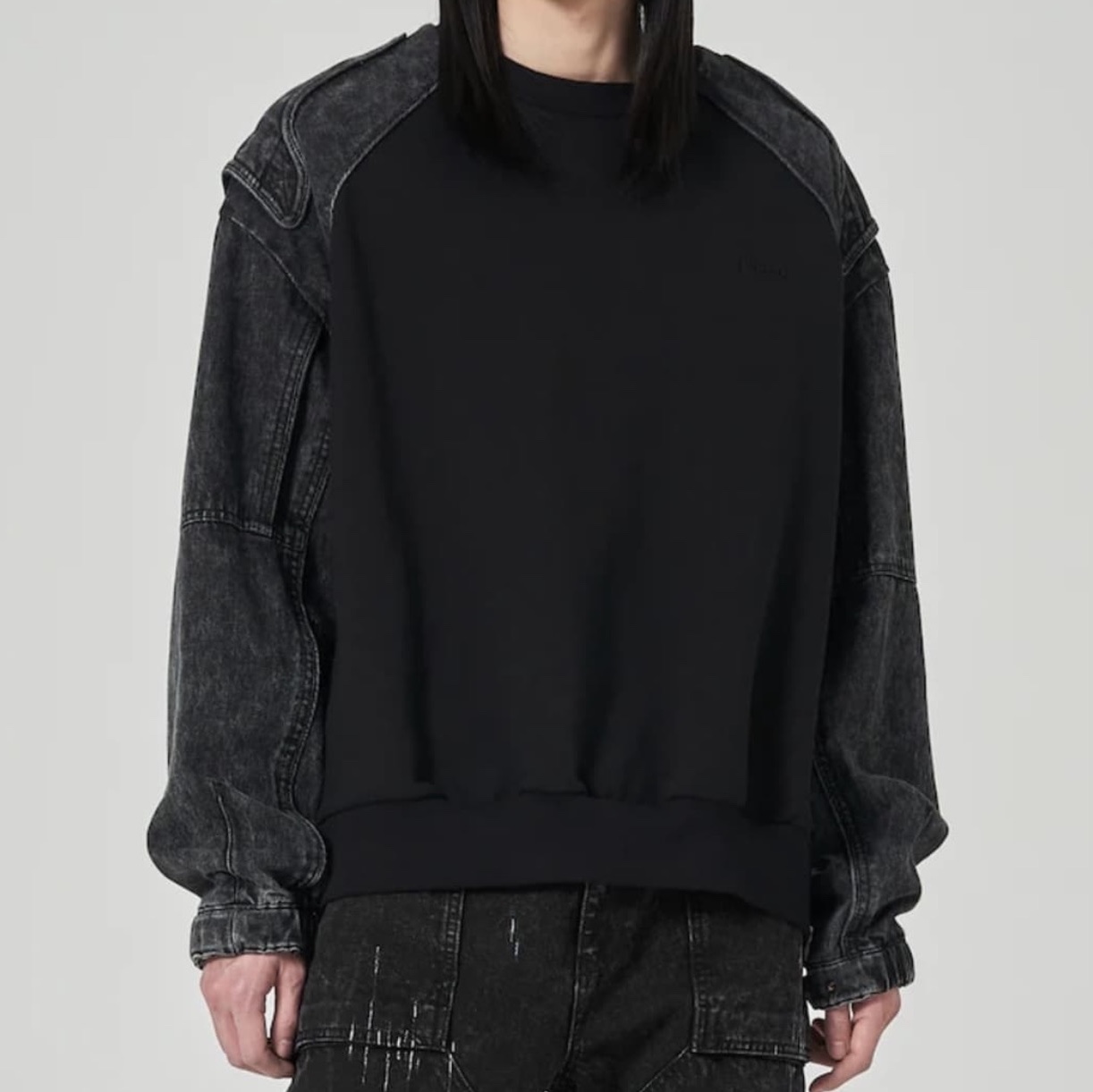 Juun.J Cotton Racer Denim Mix Sweatshirt Black - 24SS 착용 스타일 - 1