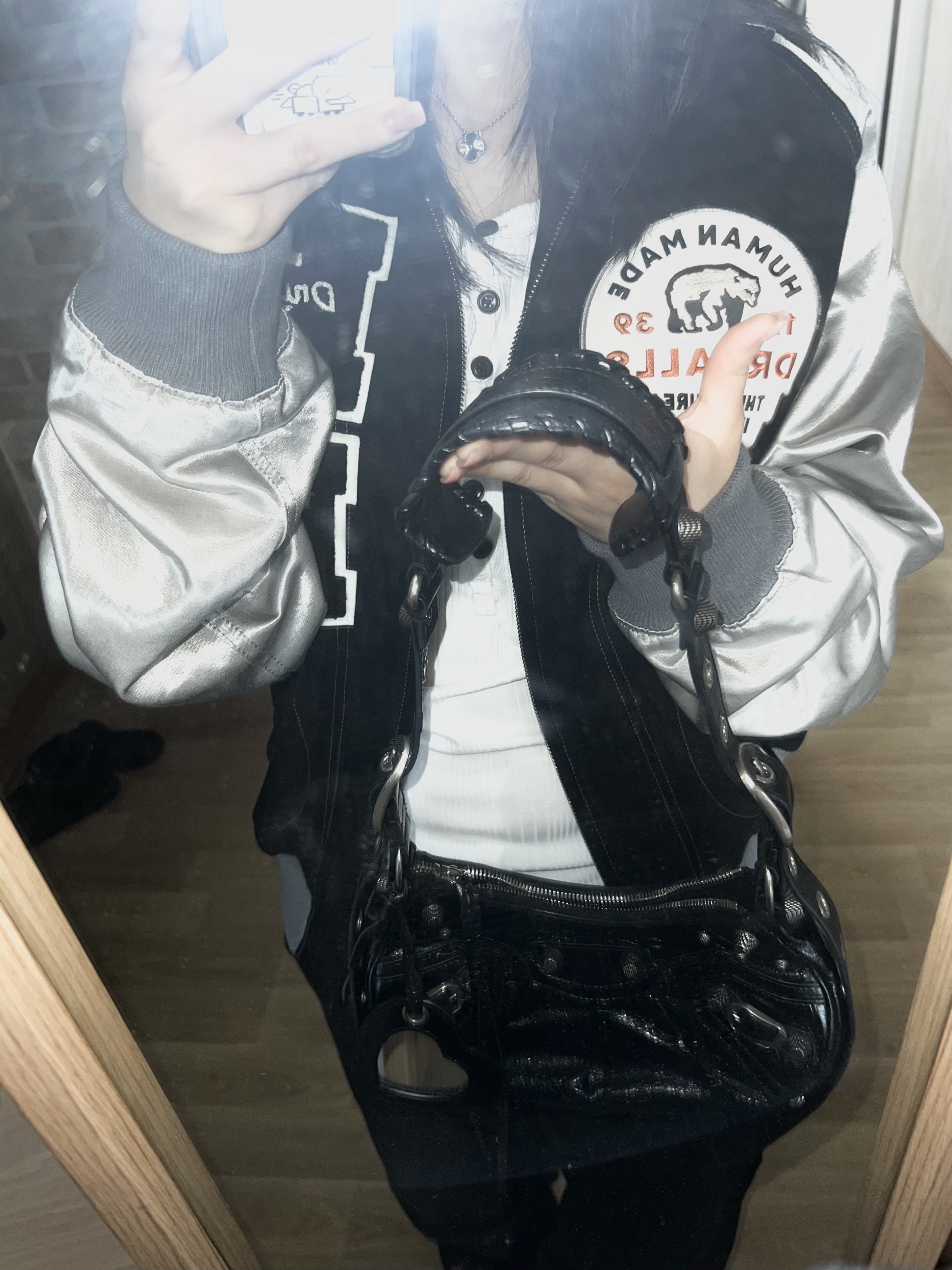 Human Made Satin Varsity Jacket Black, Balenciaga Arena Lambskin Le Cagole XS Shoulder Bag Black 착용 스타일 - 2