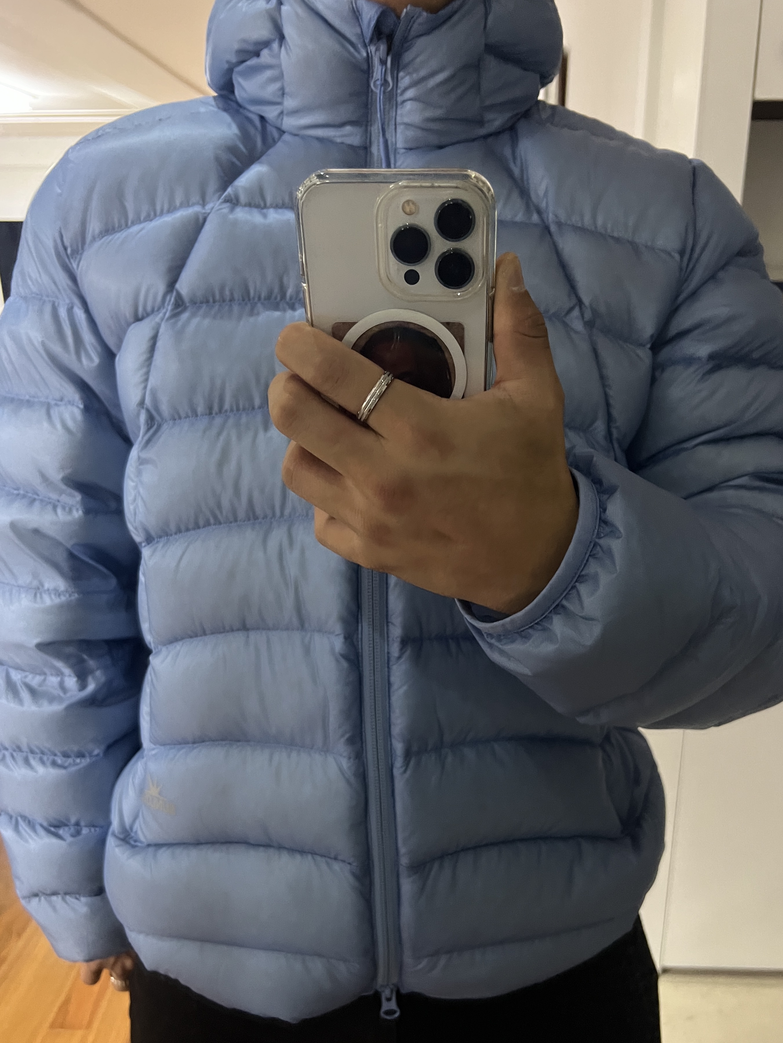 Sunlove Hooded Fly Light Down Jacket Light Blue, Travis Scott Circus Maximus Stadium Tour 25 Zip Hoodie 착용 스타일 - 1